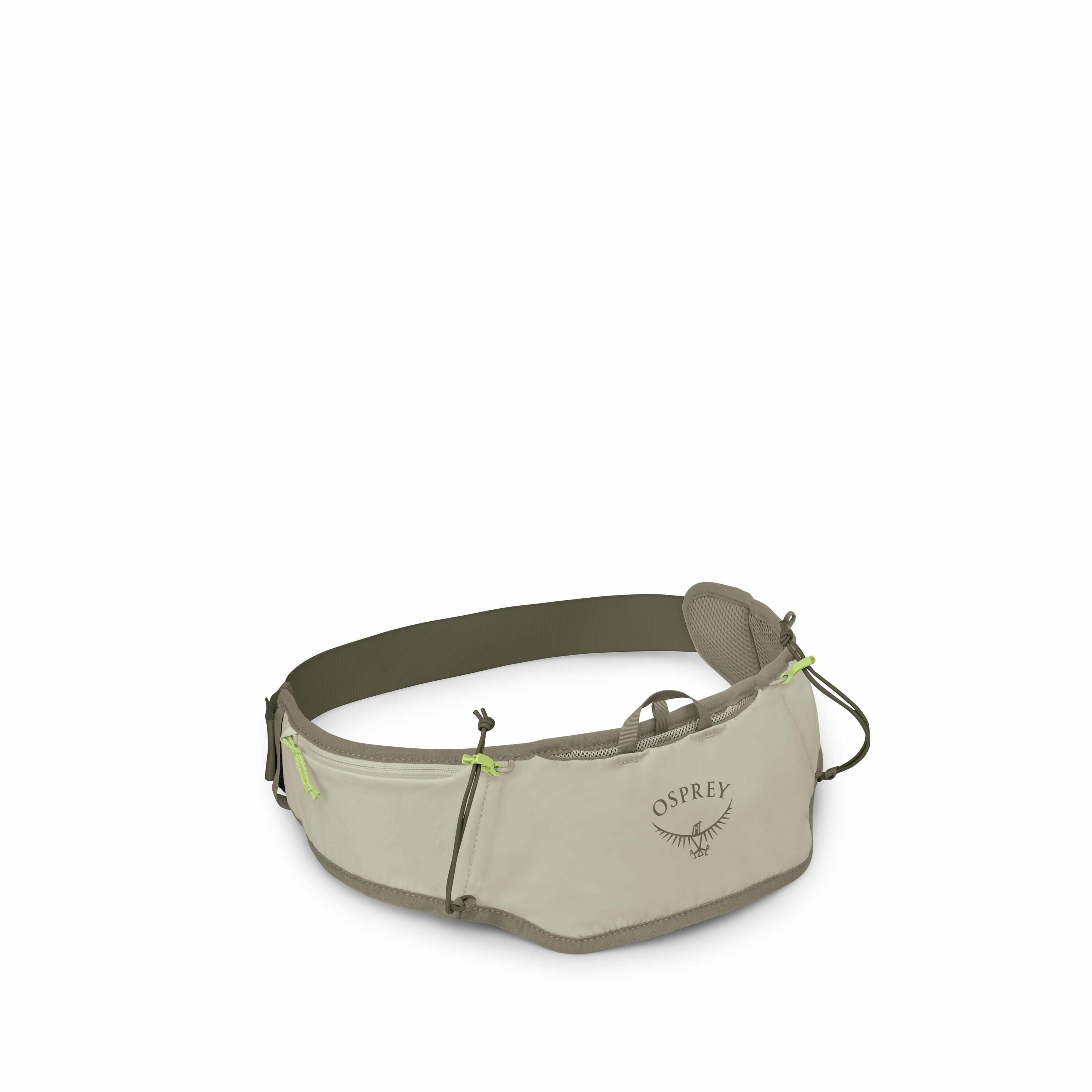 The image showcases an Osprey waist pack with a sleek and practical design. The pack is predominantly a light sage green color with darker green accents, featuring multiple compartments and zippers with bright green zipper pulls for easy access. The Ospre