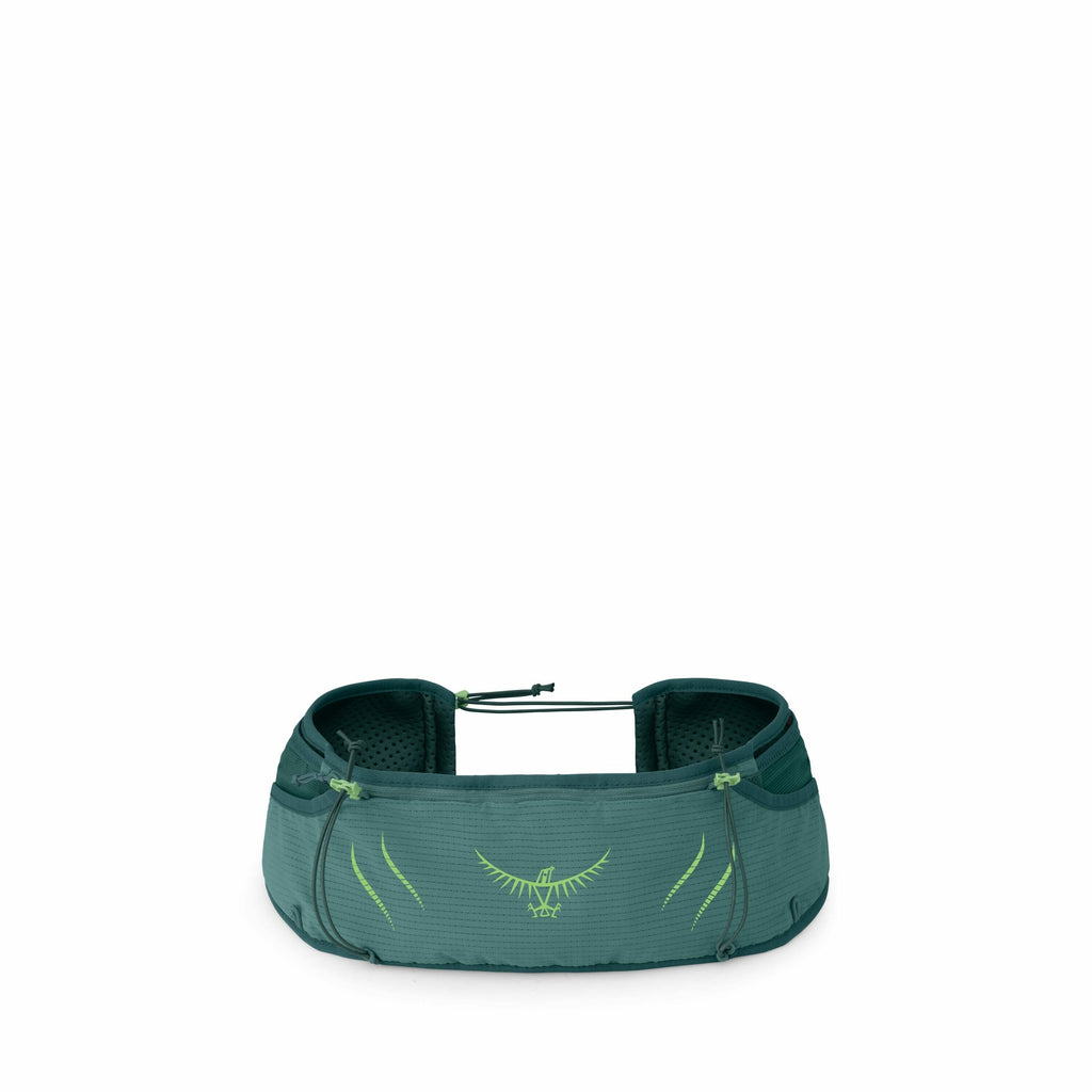 The image shows a green waist pack designed for outdoor activities. It features a sleek, ergonomic design with multiple compartments, including side pockets secured with zippers and an elastic drawstring on top for added adjustability. The pack is adorned