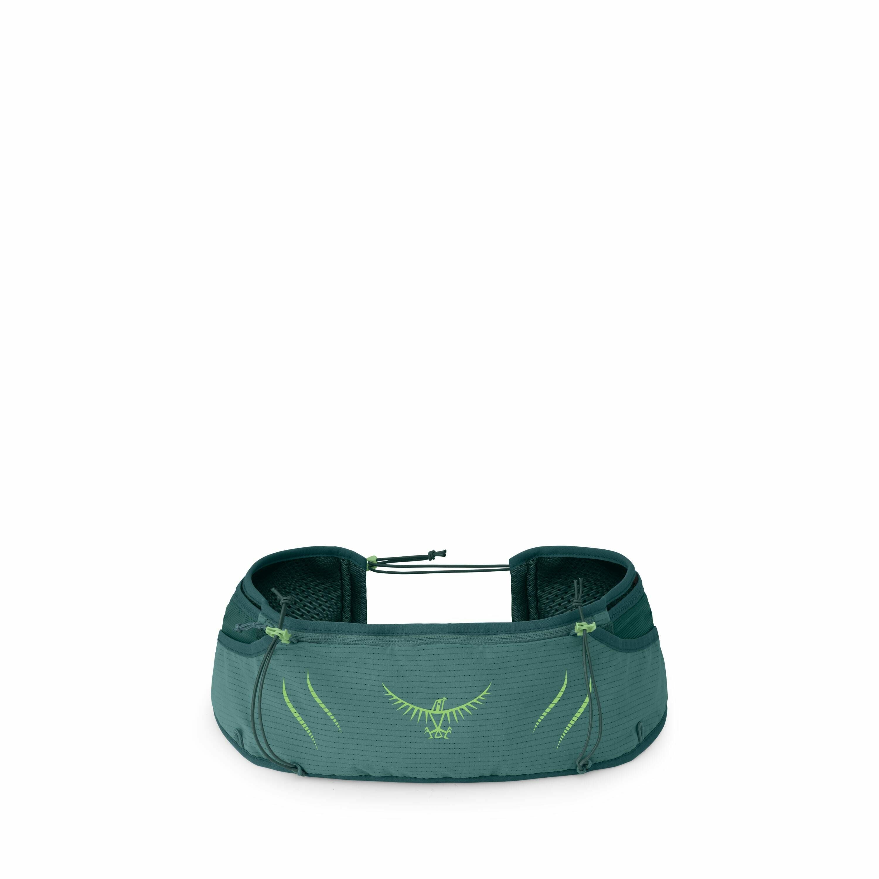 The image shows a green waist pack designed for outdoor activities. It features a sleek, ergonomic design with multiple compartments, including side pockets secured with zippers and an elastic drawstring on top for added adjustability. The pack is adorned