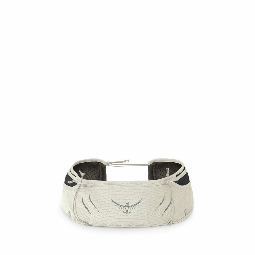The image features a beige waist pack, primarily viewed from the front with a perspective that shows its design details. The pack has two zippers on either side and a minimalist logo in the center, which resembles an abstract bird or wings, possibly belon