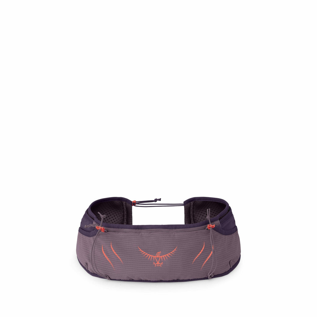 The image showcases a purple running waist belt designed for outdoor activities. It features multiple pockets, likely for carrying essentials such as water bottles, snacks, or small personal items. The belt is adorned with the logo of Osprey, which is an