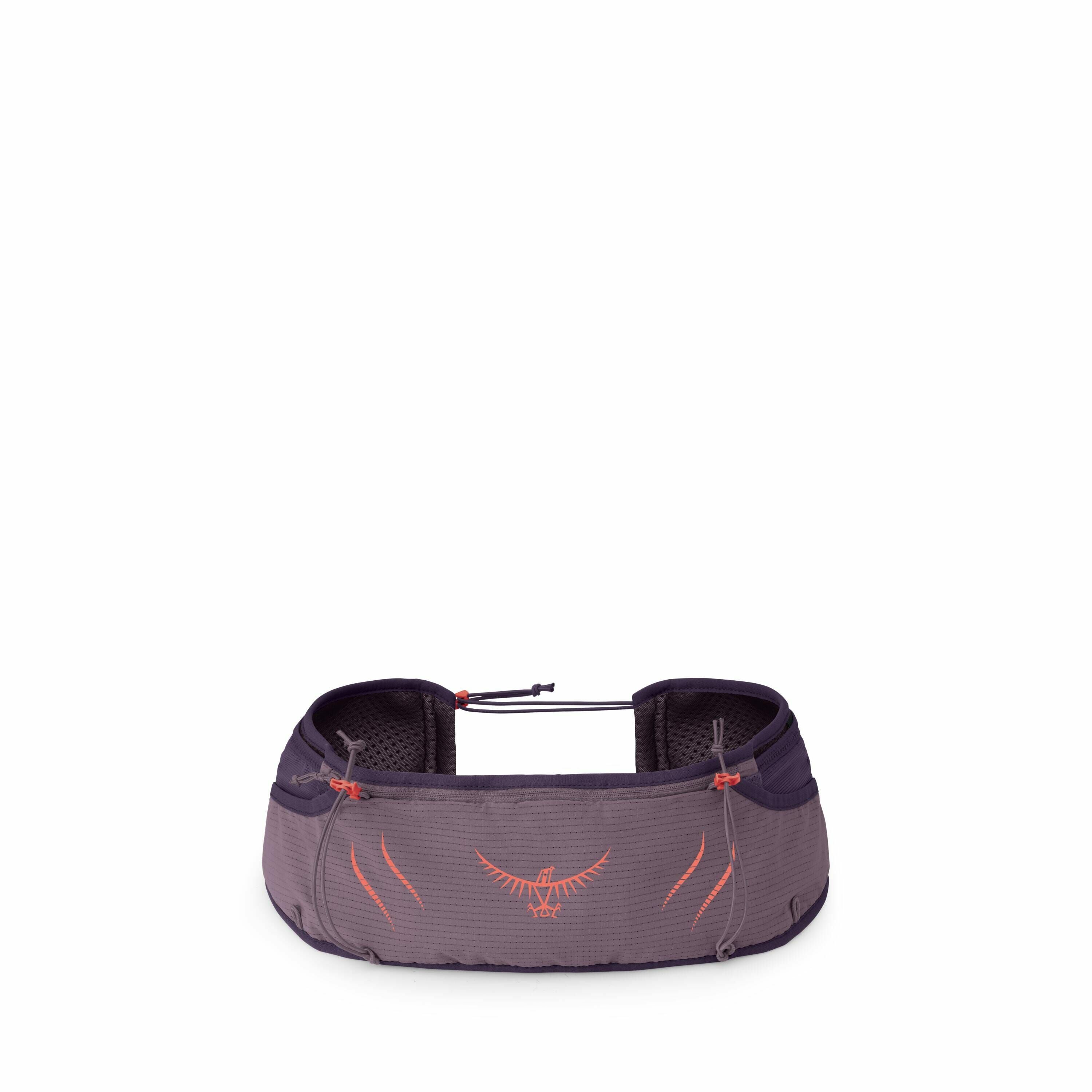 The image showcases a purple running waist belt designed for outdoor activities. It features multiple pockets, likely for carrying essentials such as water bottles, snacks, or small personal items. The belt is adorned with the logo of Osprey, which is an