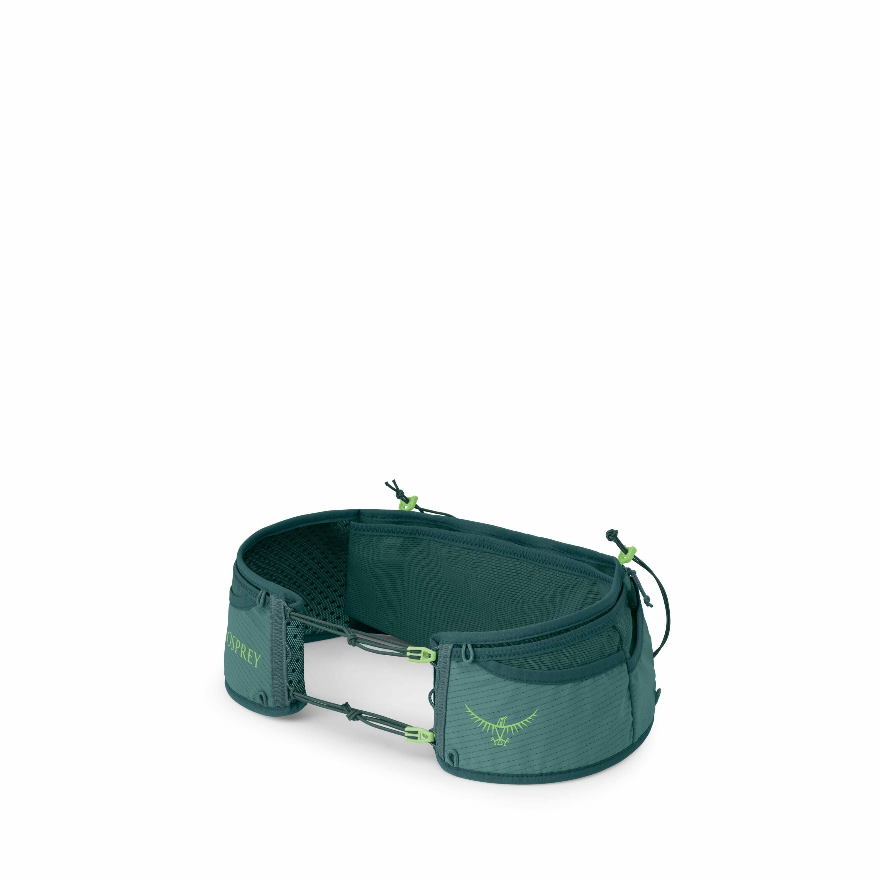 The images feature a green Osprey hiking waist pack designed for outdoor activities. The pack has a simple, streamlined design with multiple compartments for organizing small items. The Osprey logo is visible on the side, embroidered in a contrasting ligh