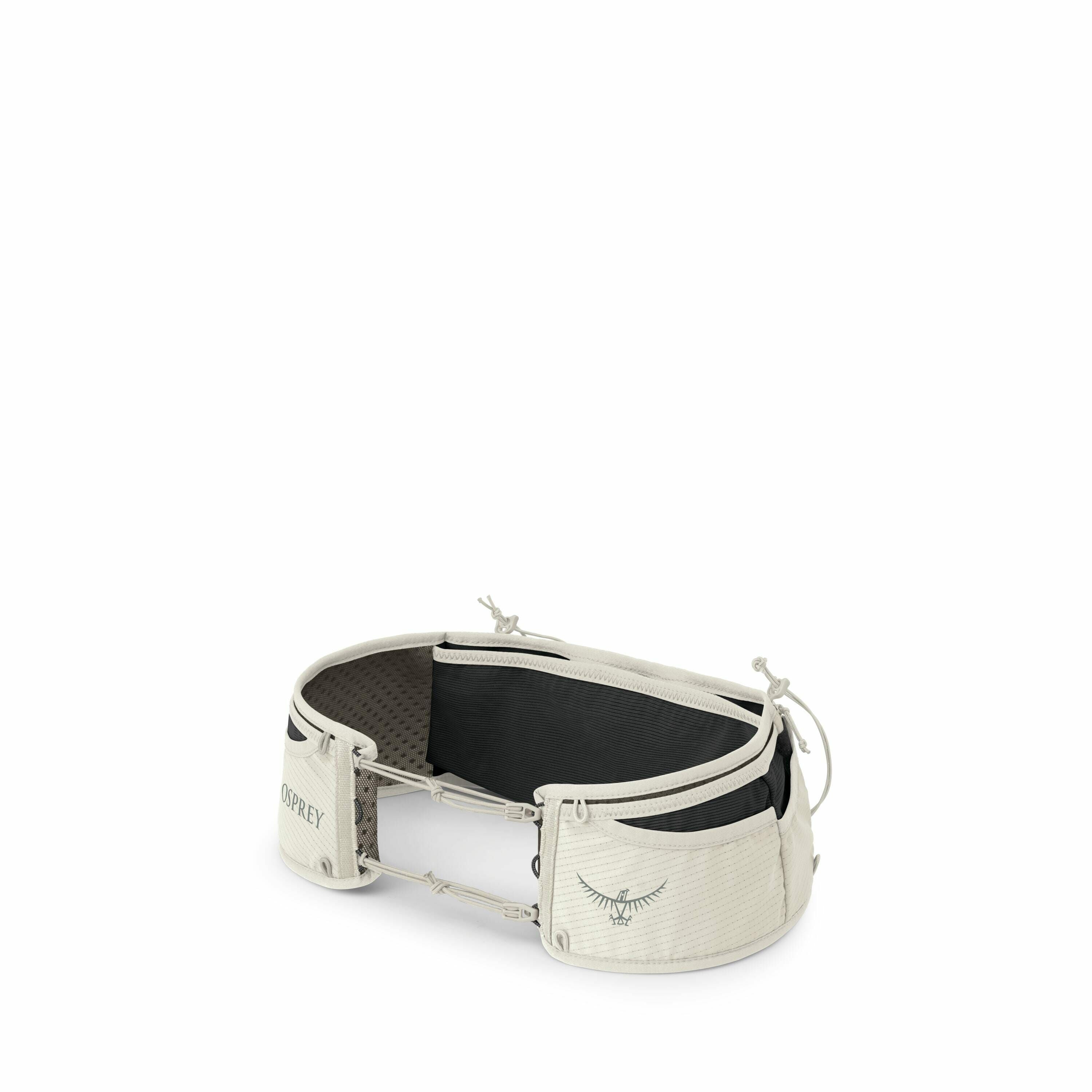 The image displays a light gray harness or waist belt with a black inner lining, designed by the brand Osprey. It features an Osprey logo on one of the side pockets and the brand name on the opposite side. The belt appears to have multiple adjustment poin