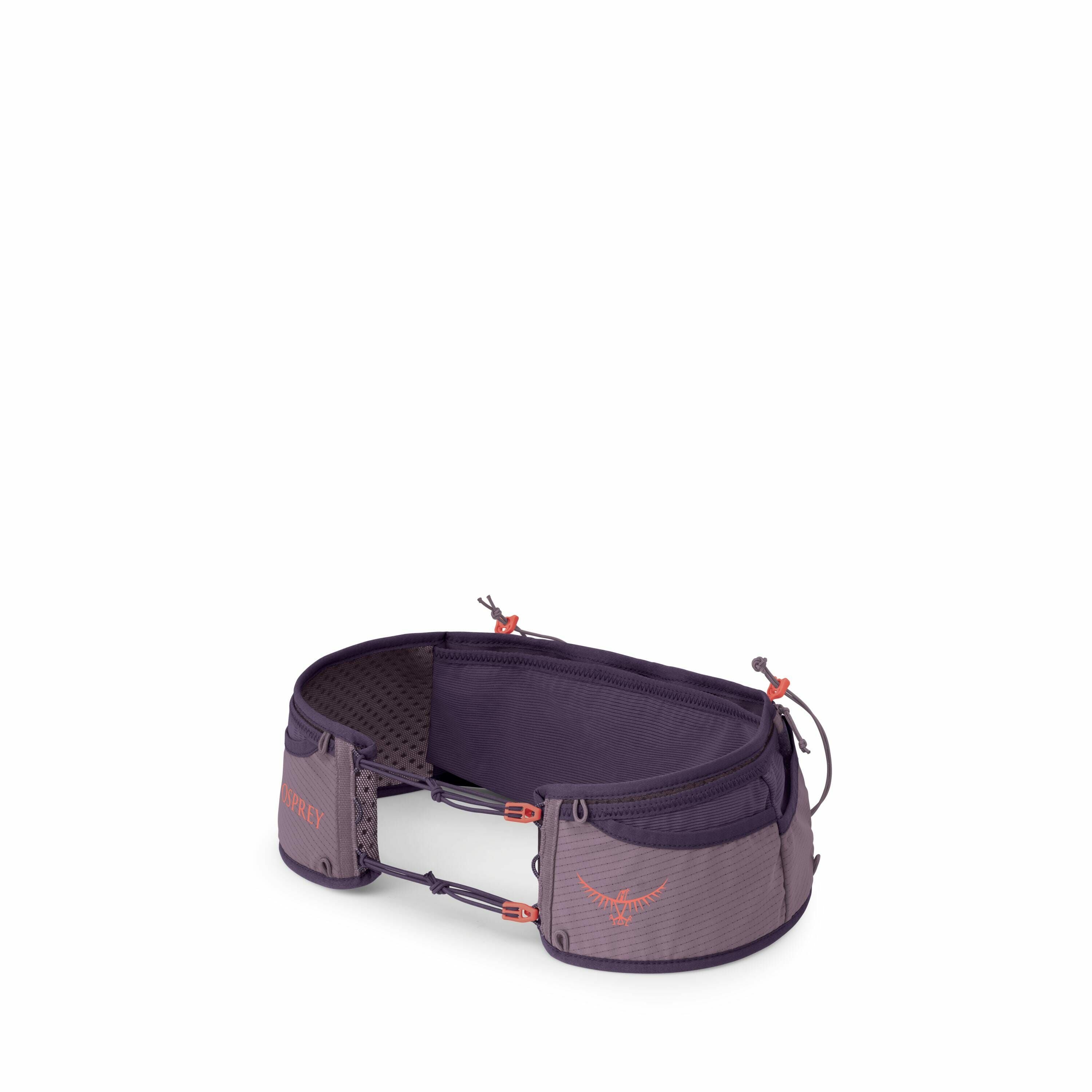 The image showcases a minimalist Osprey waist pack designed for outdoor activities, featuring a sleek and compact form. The pack is predominantly dark purple with gray accents and includes the Osprey logo in a lighter purple shade with red lettering on th