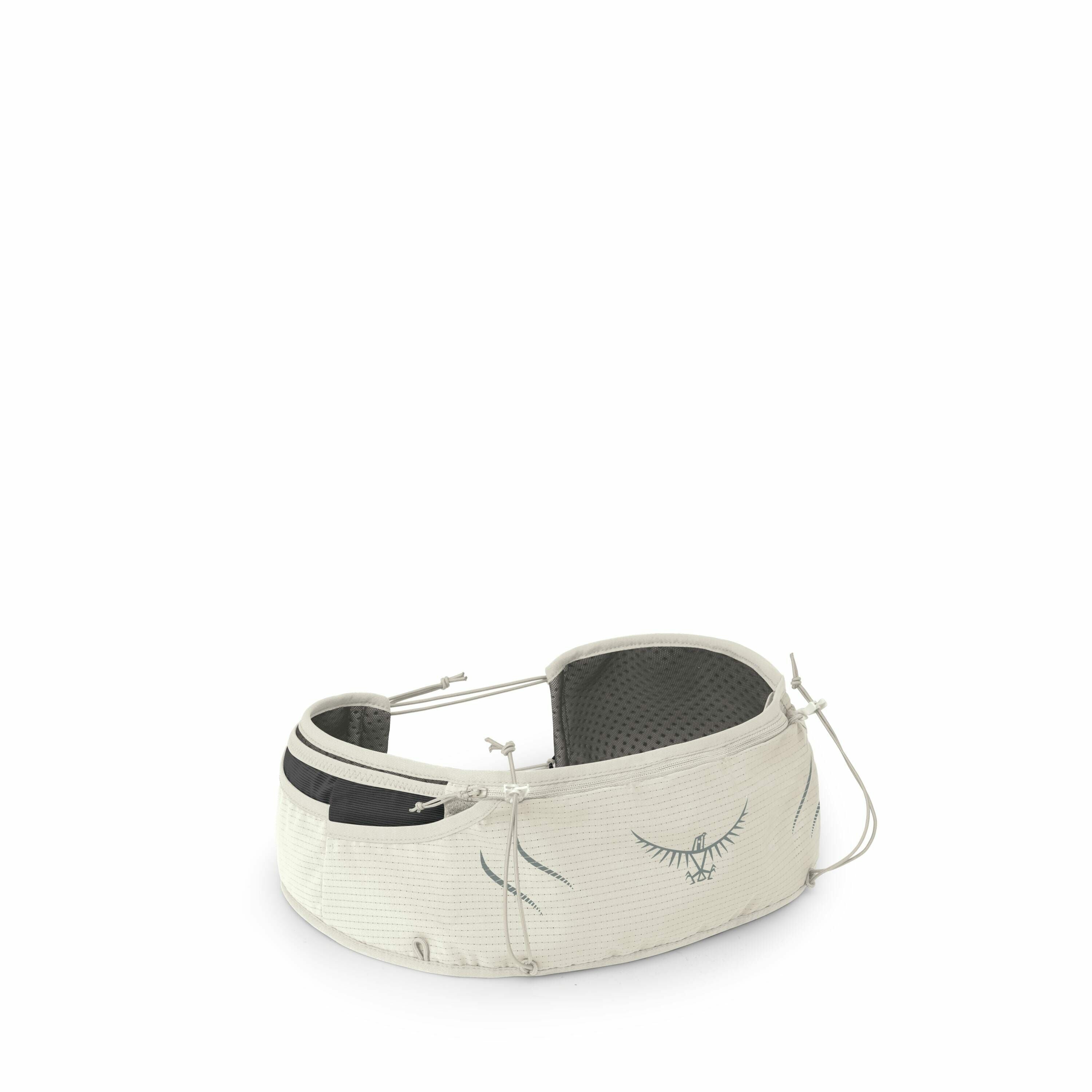 The image features a light gray waist pack designed for outdoor or athletic use. It has a sleek design with multiple compartments for storage, including a zippered pocket on the front. The pack features a logo of an eagle with outspread wings and addition