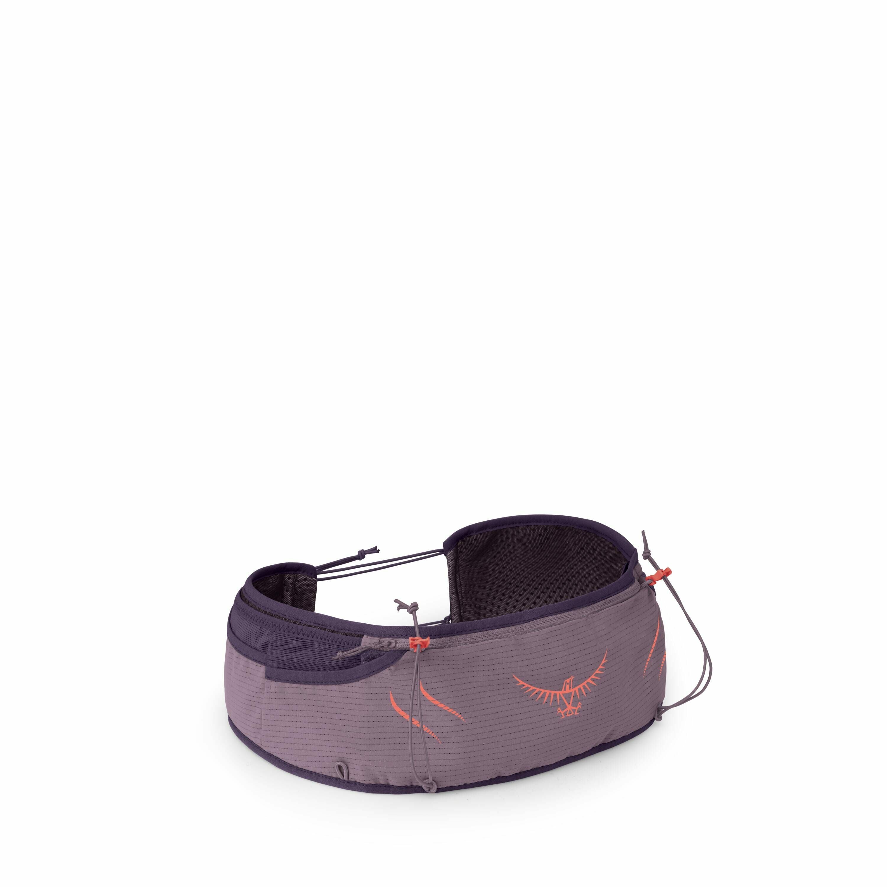 The images showcase a purple running belt with red accent details. It features a zippered pocket, likely for secure storage of essentials like keys or a phone during physical activities. The belt has an adjustable fit with an elastic cord system, allowing