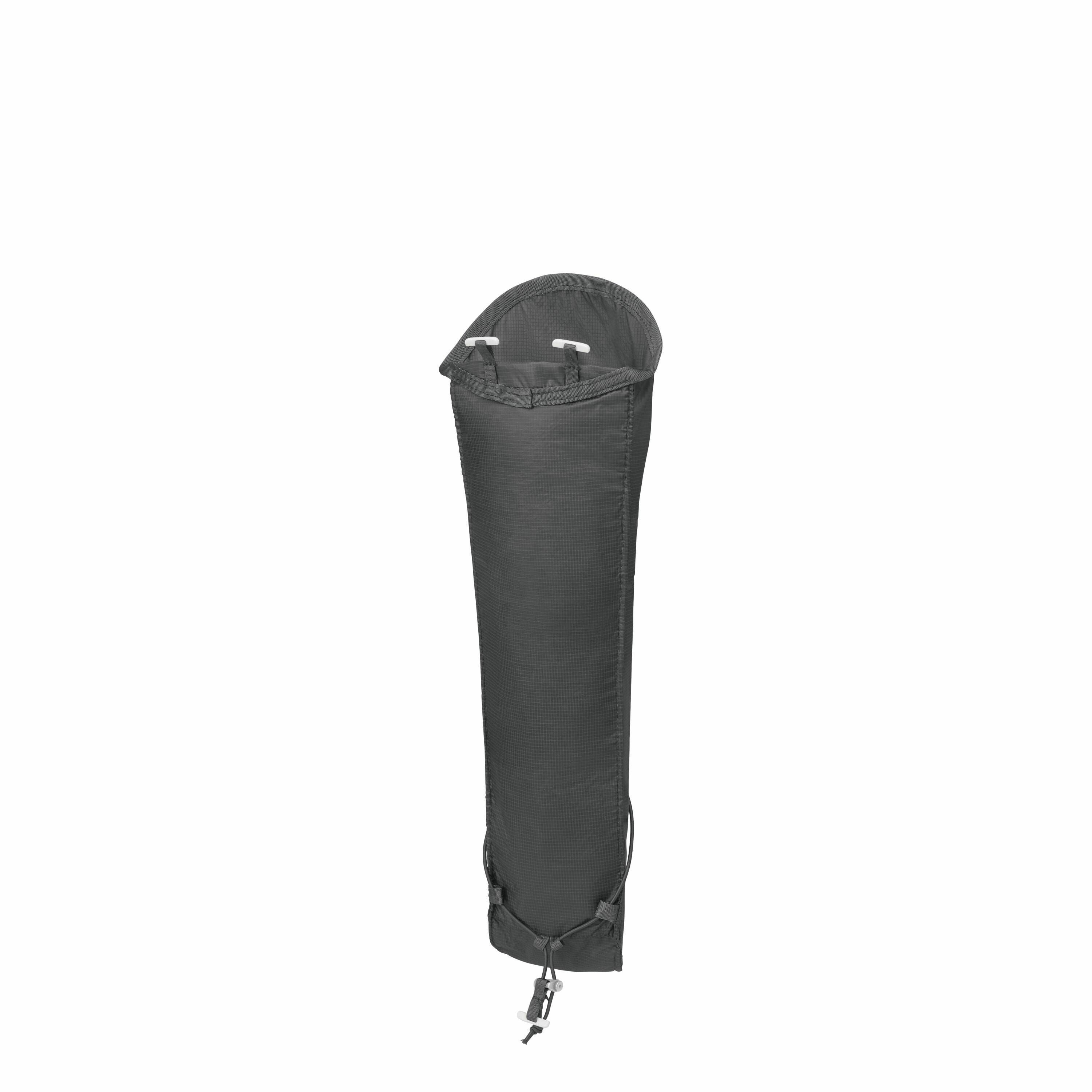 The image depicts a dark gray, elongated and cylindrical object resembling a carrying case or protective sleeve. It appears to be made of a fabric-like material with a textured surface, and it is open at one end, featuring two small white handles or hooks