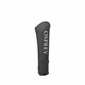 The image depicts a black protective case designed for storing skis. The case is vertically oriented and features the brand name "OSPREY" prominently printed in white letters along its length. The case has a long, narrow shape with an adjustable strap tha