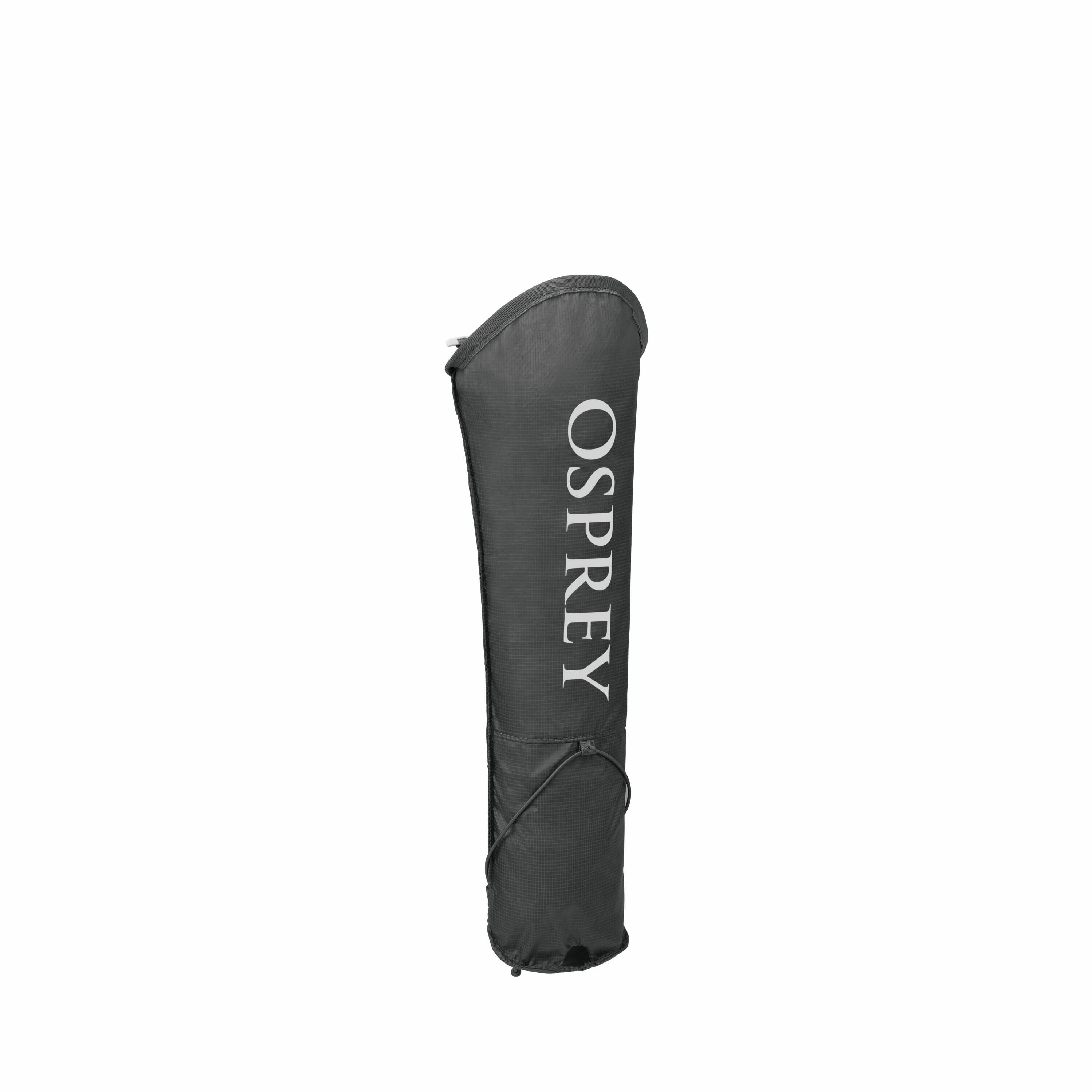 The image depicts a black protective case designed for storing skis. The case is vertically oriented and features the brand name "OSPREY" prominently printed in white letters along its length. The case has a long, narrow shape with an adjustable strap tha