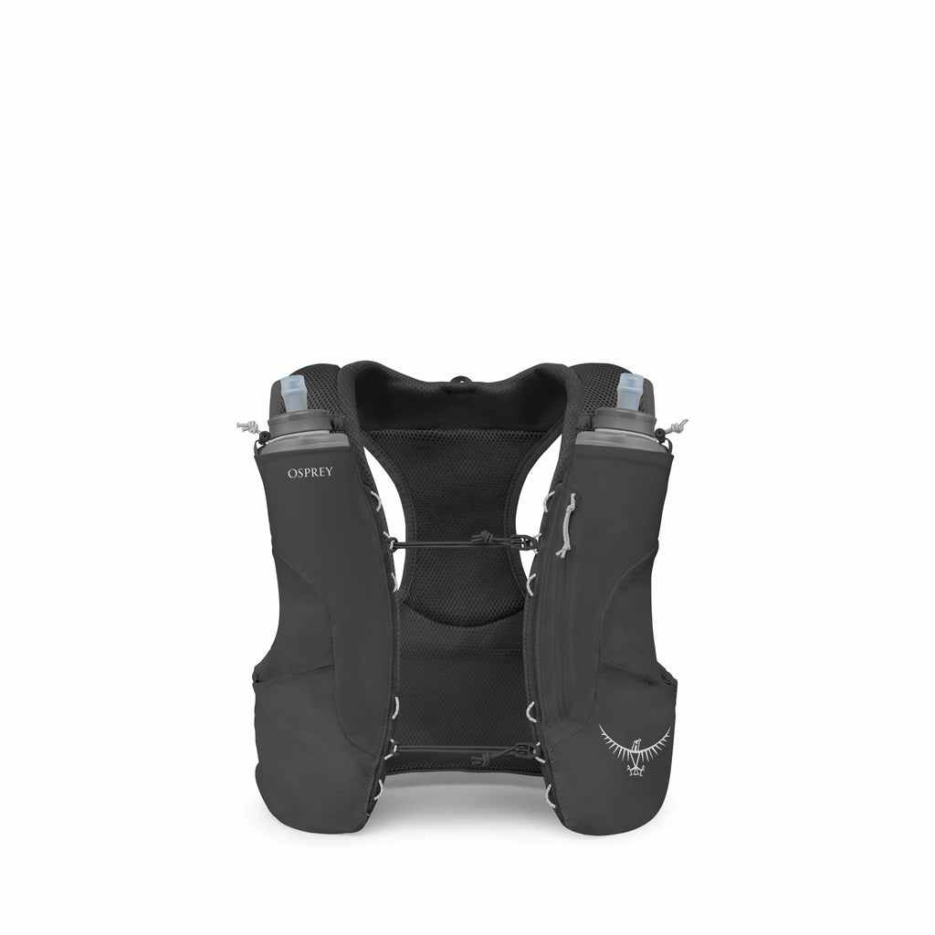 The image depicts a black hydration vest designed for outdoor activities, likely running or hiking, made by the brand Osprey. The vest features two built-in water bottles with blue caps that are positioned on each side, offering easy access to hydration w