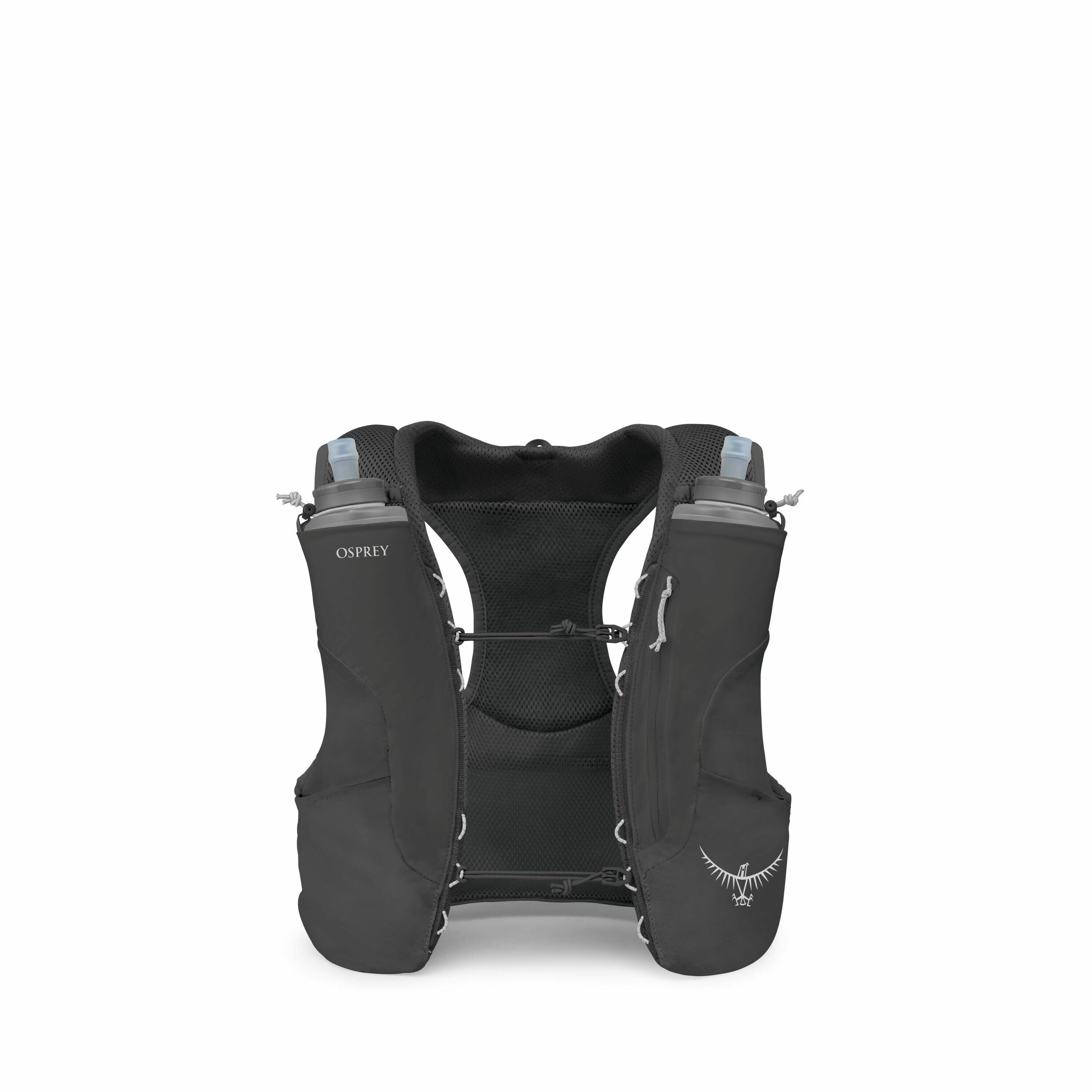 The image depicts a black hydration vest designed for outdoor activities, likely running or hiking, made by the brand Osprey. The vest features two built-in water bottles with blue caps that are positioned on each side, offering easy access to hydration w