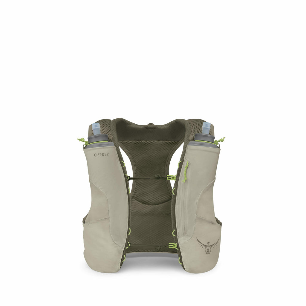 The image shows a beige and green Osprey running vest designed for hydration and storage during athletic activities. The vest features two soft flasks with drink tubes at the front, allowing for easy access to hydration while running. Its design includes