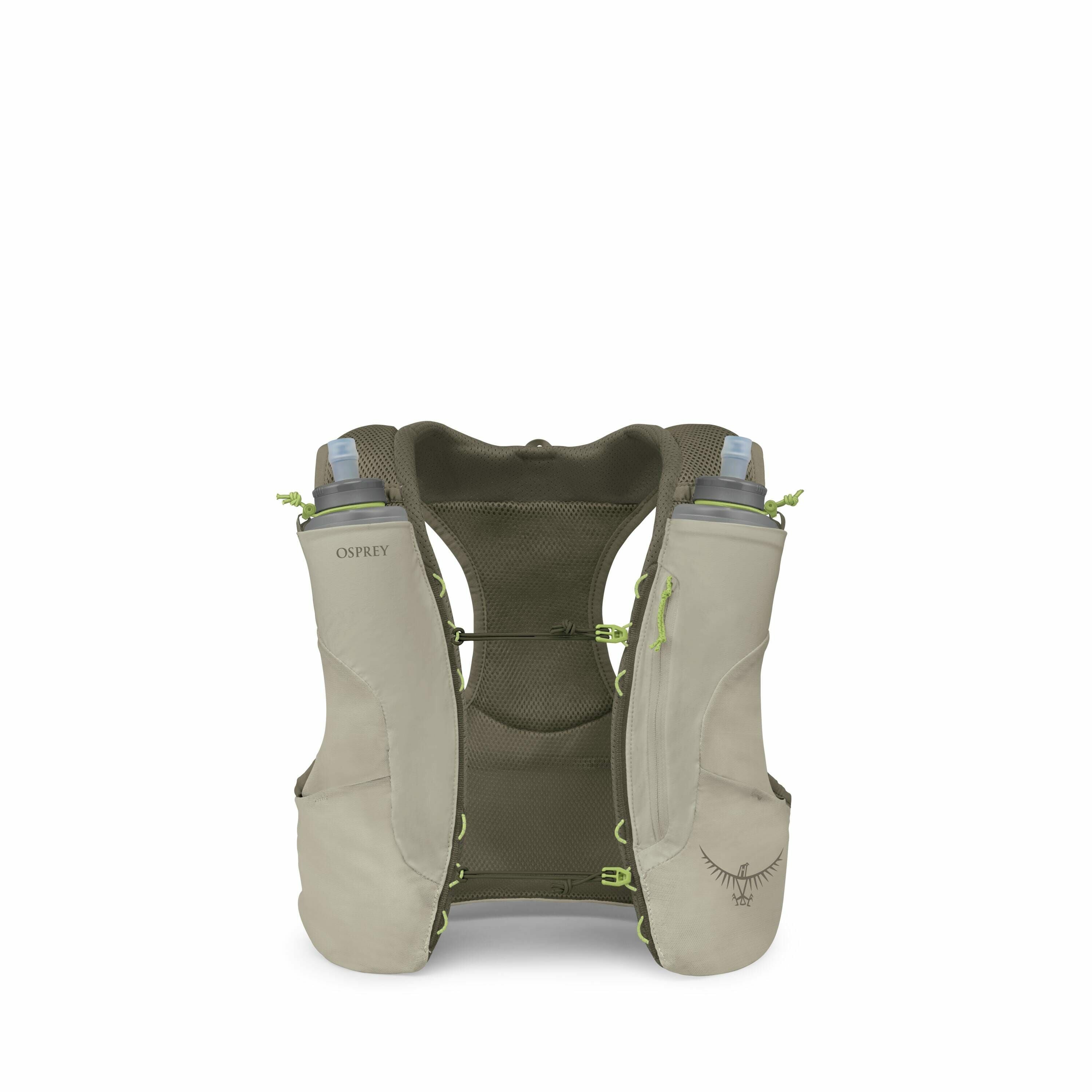 The image shows a beige and green Osprey running vest designed for hydration and storage during athletic activities. The vest features two soft flasks with drink tubes at the front, allowing for easy access to hydration while running. Its design includes