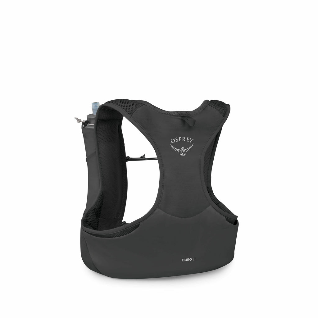 The images show a black Osprey Duro LT hydration vest from different angles and in various deconstructed parts. In the first image, the vest is fully assembled, displaying the Osprey logo on the back. The subsequent images break down the vest into its sep