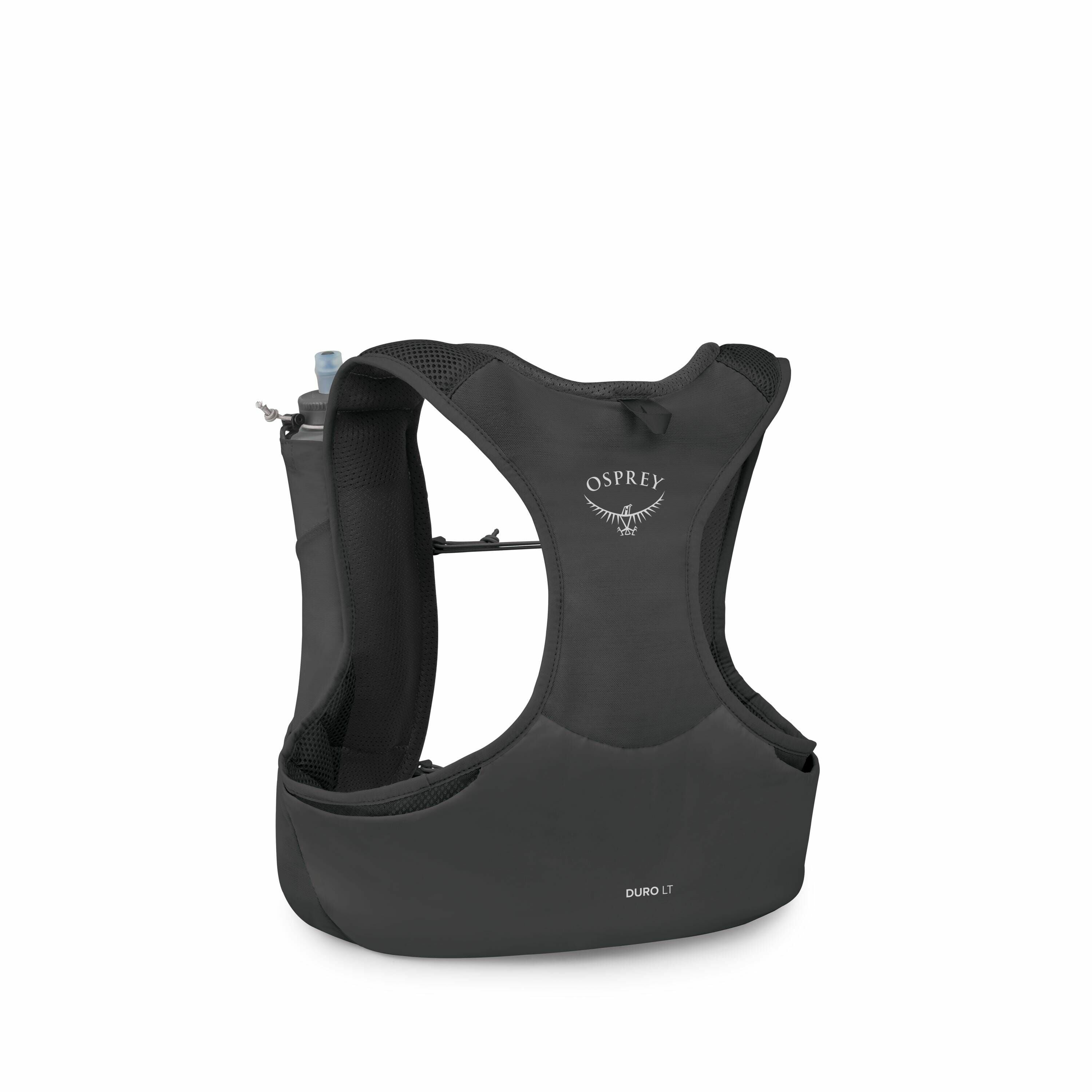The images show a black Osprey Duro LT hydration vest from different angles and in various deconstructed parts. In the first image, the vest is fully assembled, displaying the Osprey logo on the back. The subsequent images break down the vest into its sep