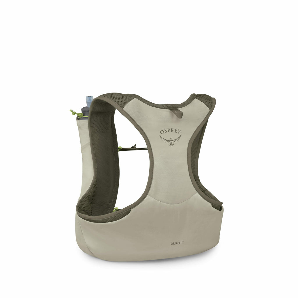 The images depict an Osprey Duro LT hydration vest, designed for outdoor activities like running or cycling. The vest is displayed in a light green and olive color scheme with a sleek and ergonomic design, ensuring a snug fit. It features compartments for