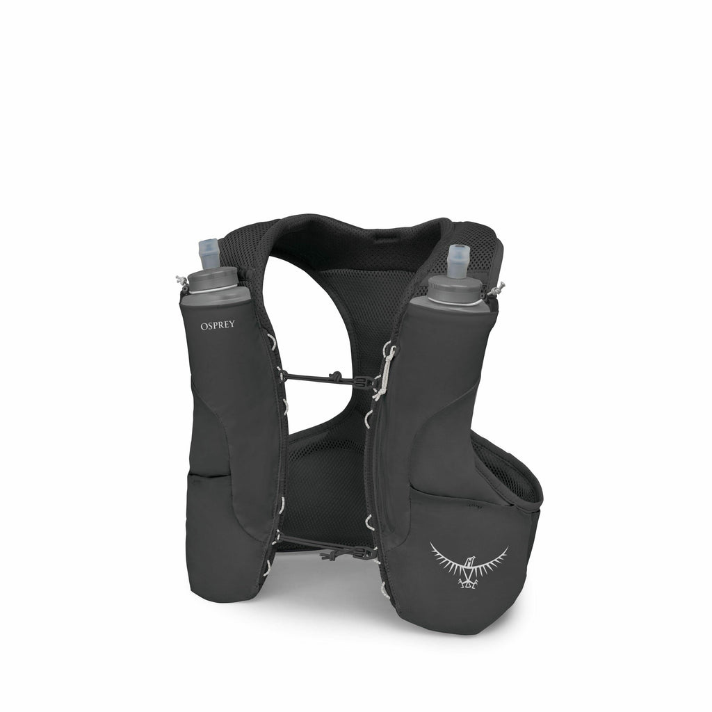 The image shows a black hydration vest from the brand Osprey, designed for outdoor activities like running or hiking. The vest features two front compartments, each holding a soft flask bottle with a drinking spout. The design of the vest is minimal and e