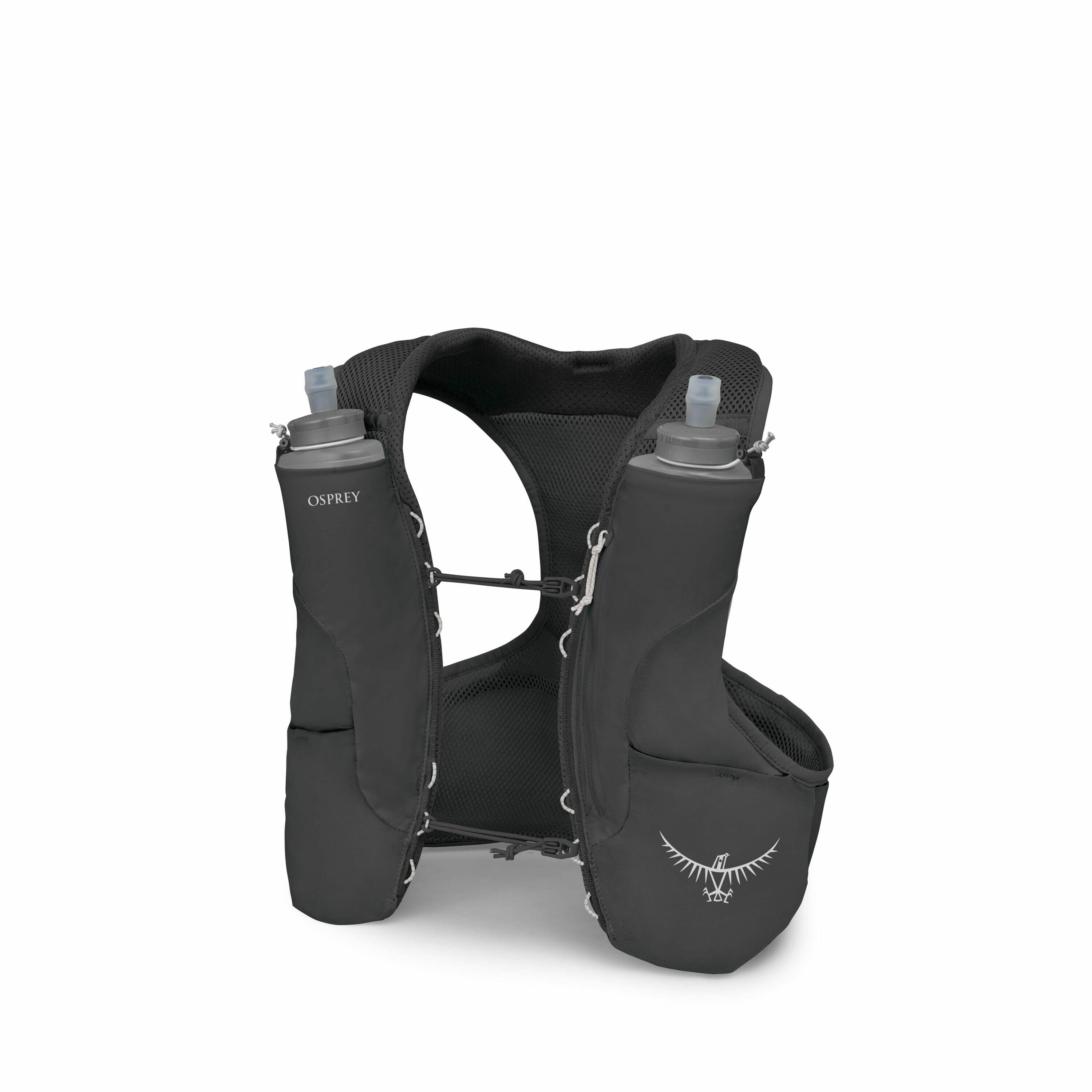 The image shows a black hydration vest from the brand Osprey, designed for outdoor activities like running or hiking. The vest features two front compartments, each holding a soft flask bottle with a drinking spout. The design of the vest is minimal and e