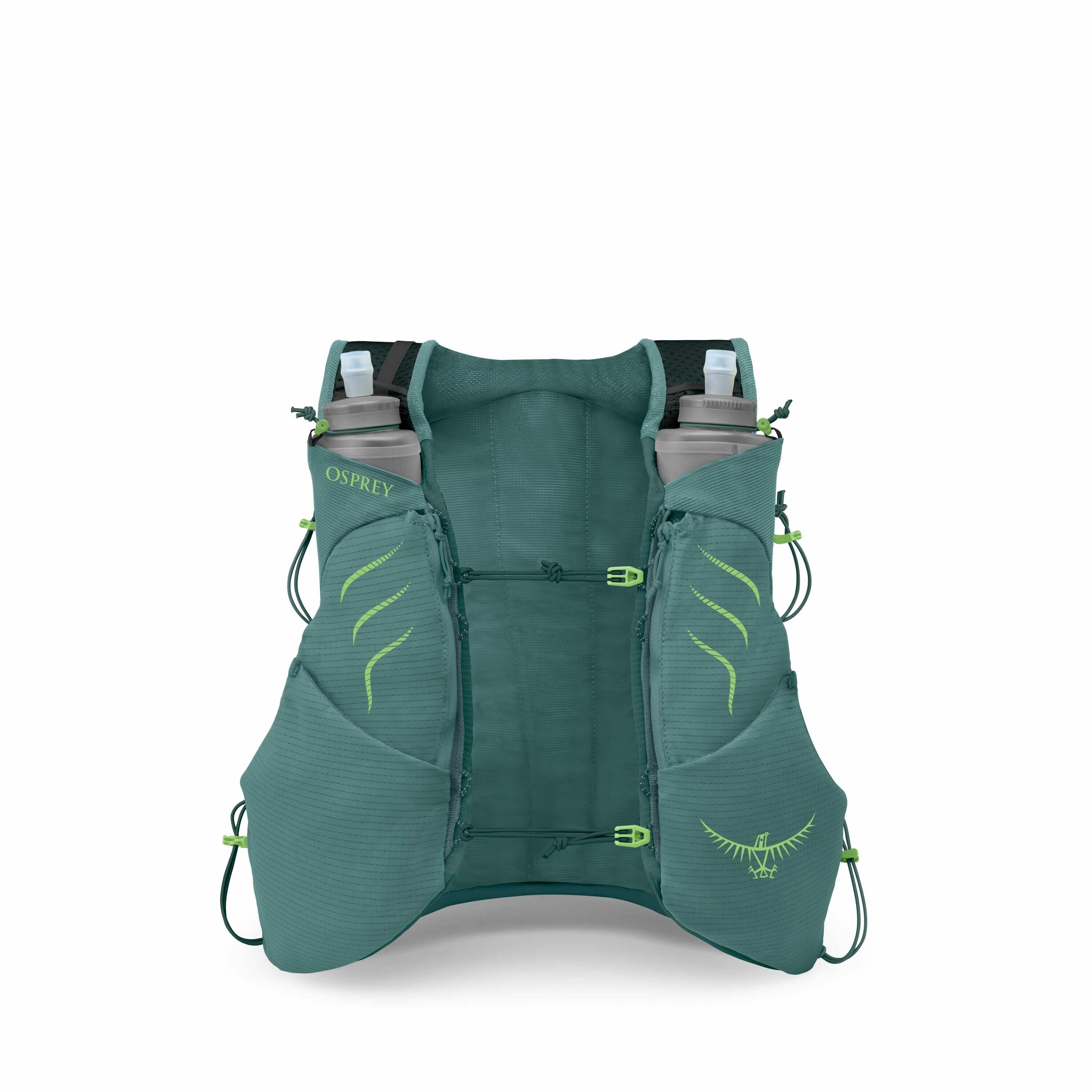 The image series showcases a green hydration vest designed by Osprey, featuring multiple pockets and compartments for storing essential items during outdoor activities. The vest has two front pockets, each containing a water bottle, indicating its primary