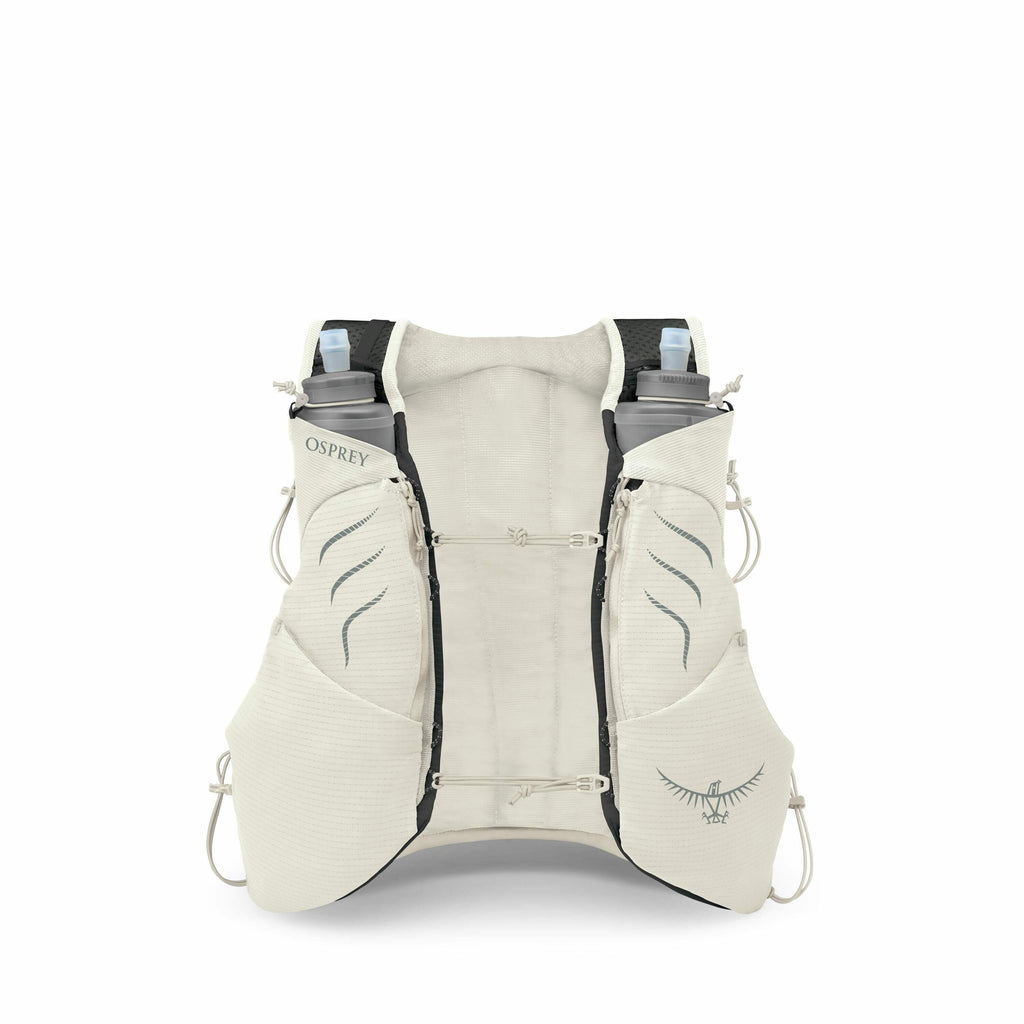 The image shows an Osprey hydration vest designed for outdoor activities such as hiking or running. The vest is a light cream color with darker accents and features multiple pockets. There are two large water bottles positioned at the chest area, which ar