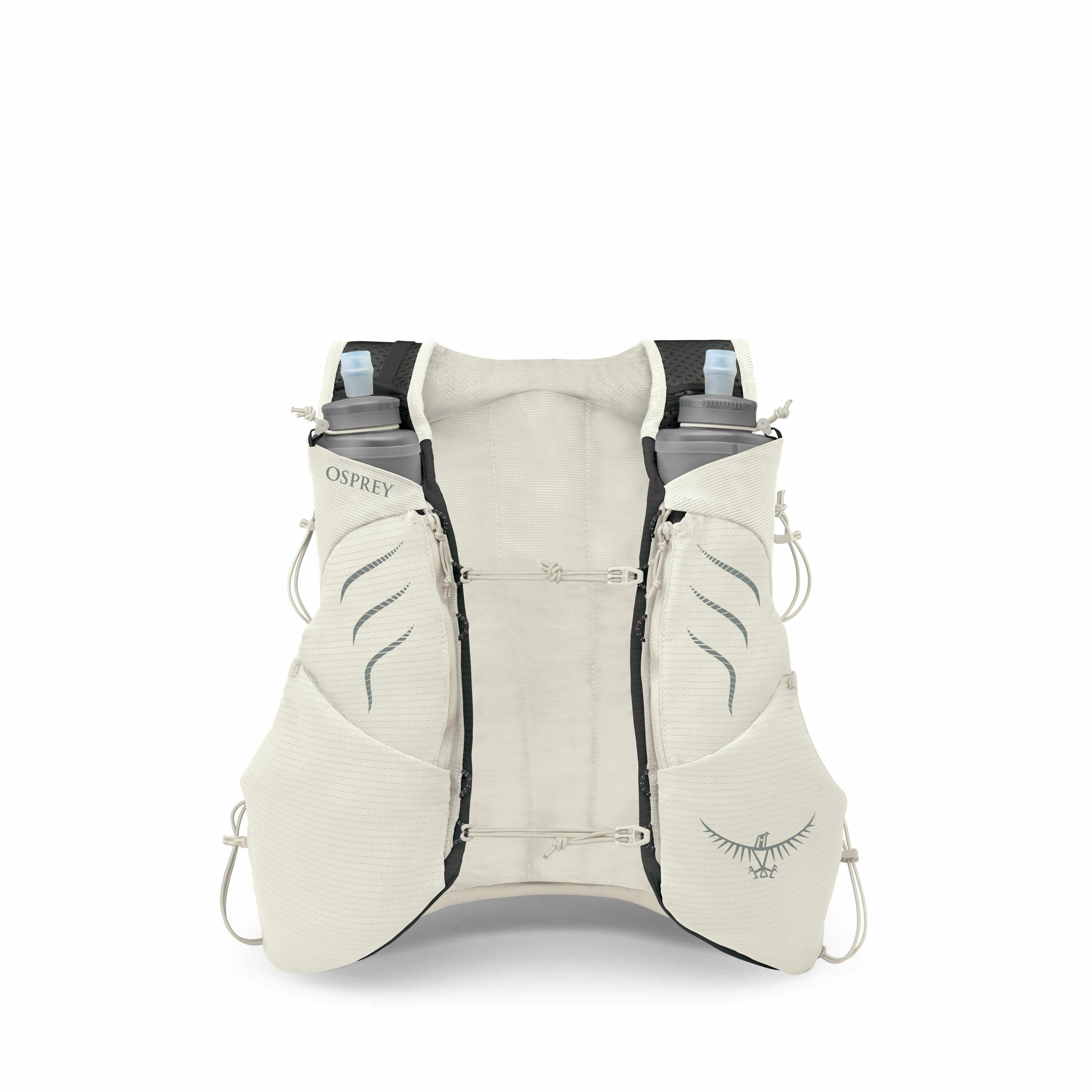 The image shows an Osprey hydration vest designed for outdoor activities such as hiking or running. The vest is a light cream color with darker accents and features multiple pockets. There are two large water bottles positioned at the chest area, which ar