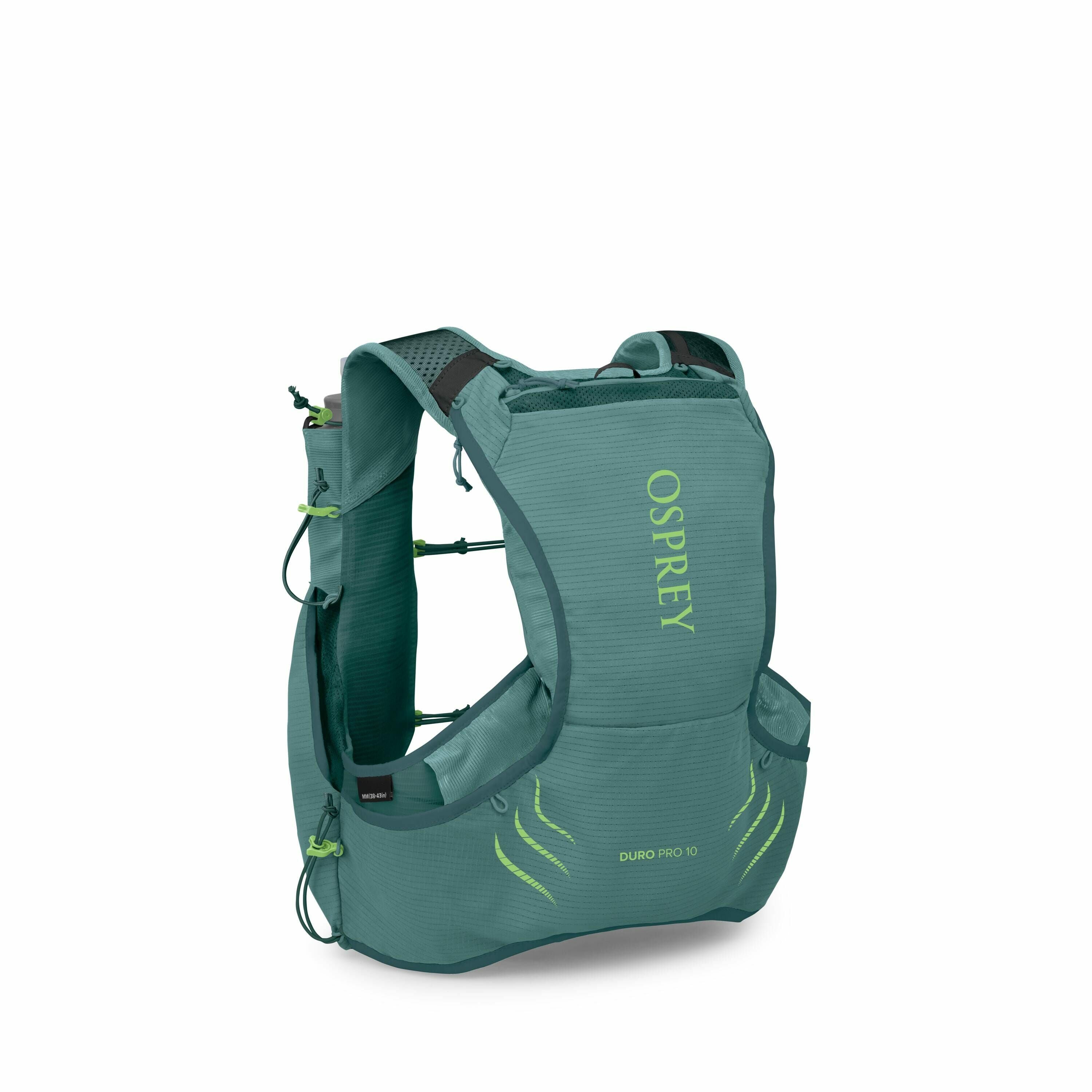 The image shows an Osprey Duro Pro 10 backpack designed for outdoor activities such as running or hiking. This backpack is dark green with the Osprey logo prominently displayed in light green on the front. It features a streamlined design with various poc