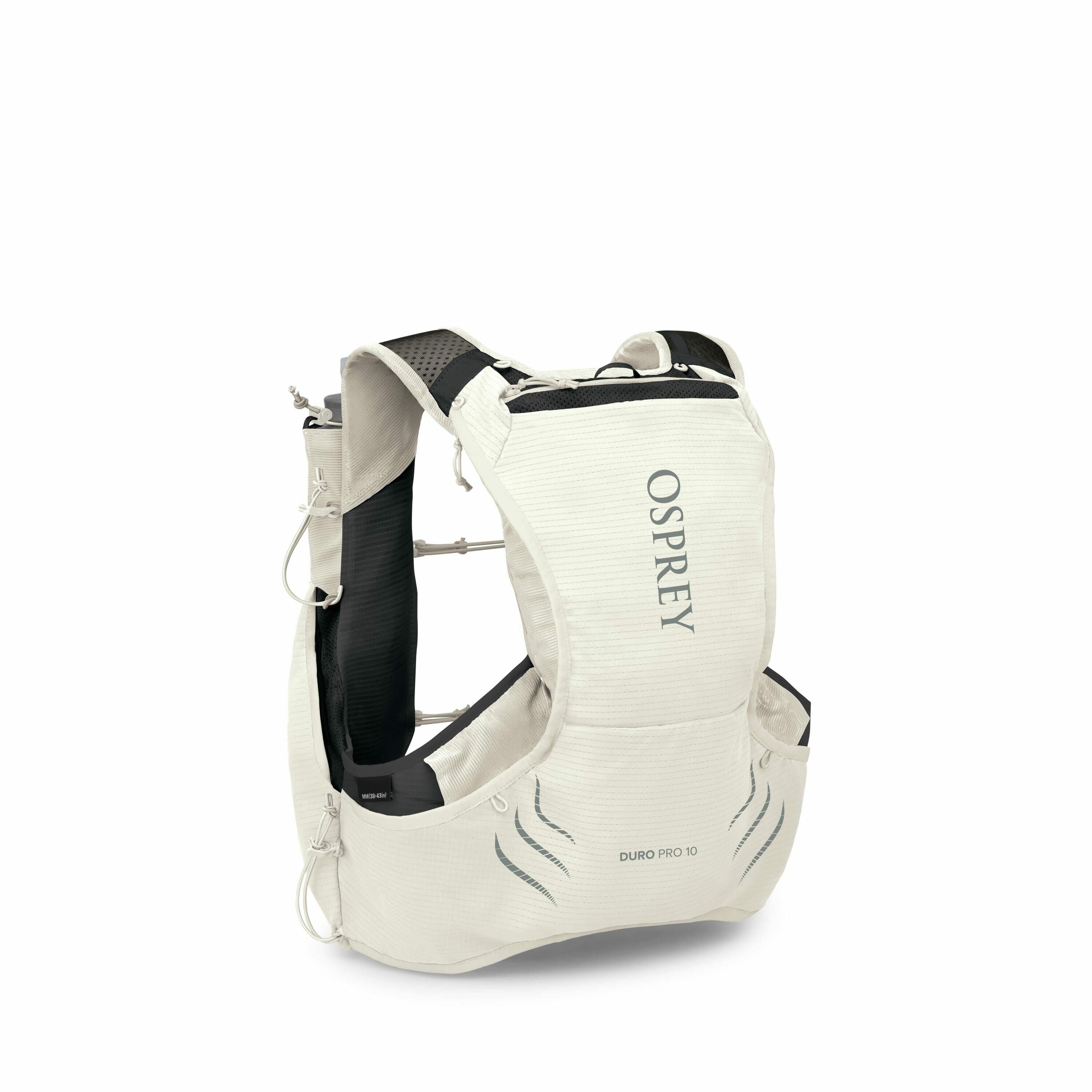 The image displays an Osprey Duro Pro 10 running vest, designed for high-performance trail running and endurance activities. The vest is predominantly light gray with darker gray accents and features multiple storage pockets for essentials such as water b