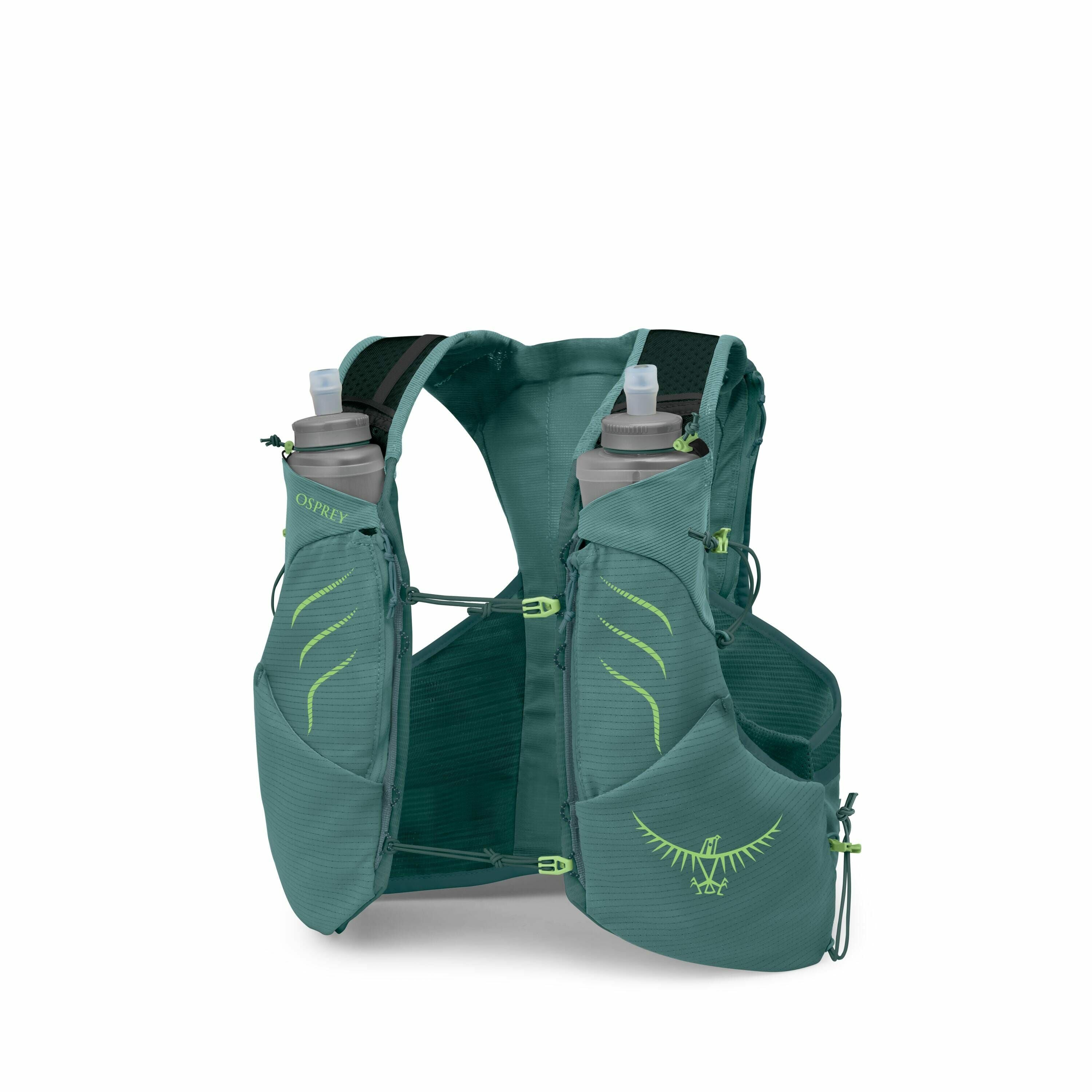 The image shows a green Osprey hydration vest designed for outdoor activities such as running or hiking. The vest features multiple compartments and is equipped with two soft flasks for carrying water, each positioned in the front pockets for easy access.