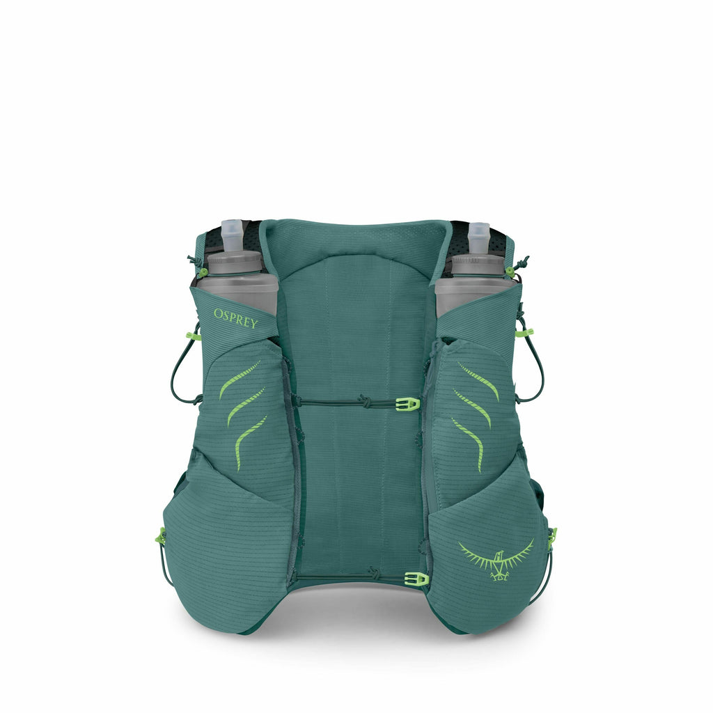The image showcases a green hydration vest designed for outdoor activities, like running or hiking. It features two visible water bottles secured in pockets on the front of the vest, enhancing accessibility for the user. The vest is equipped with multiple