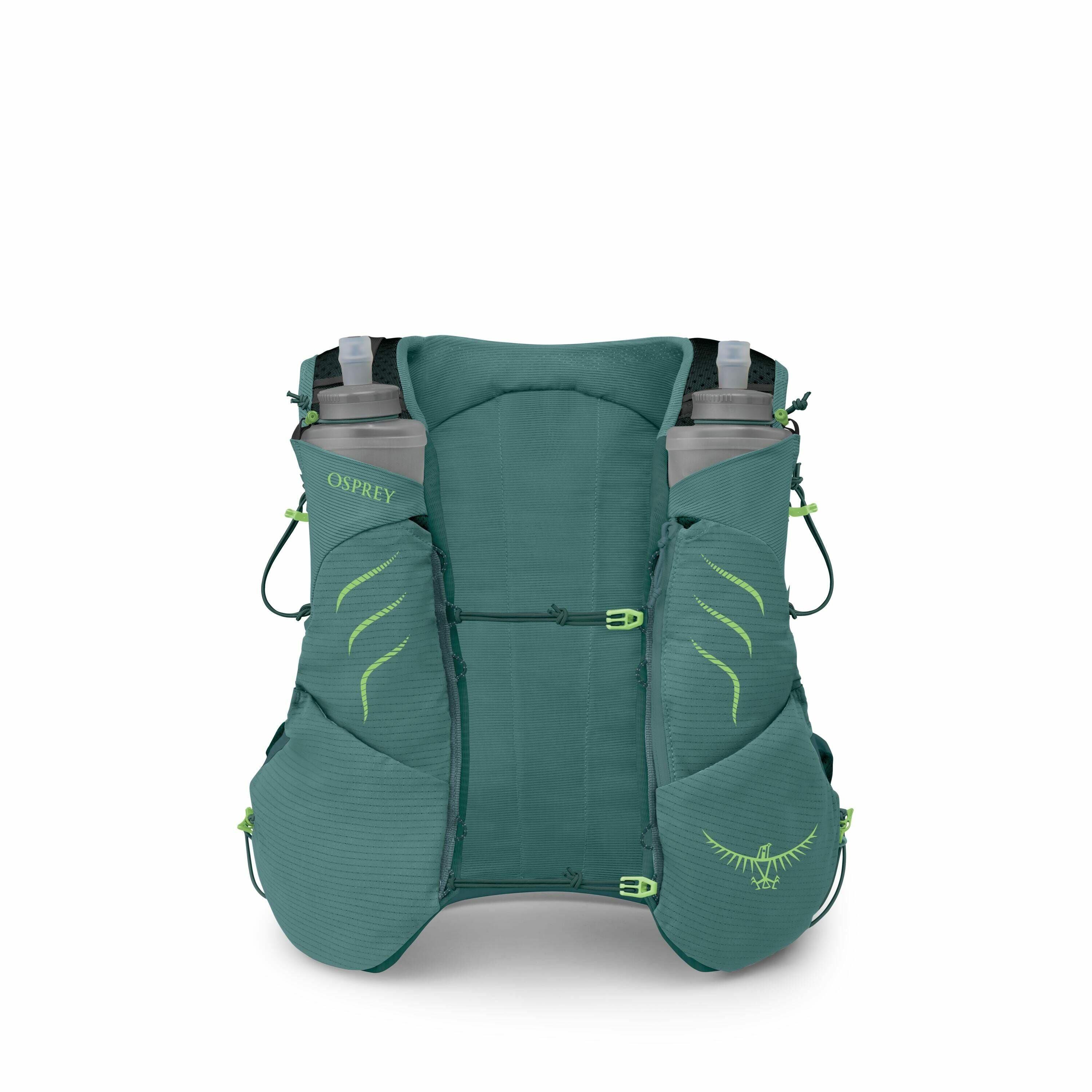 The image showcases a green hydration vest designed for outdoor activities, like running or hiking. It features two visible water bottles secured in pockets on the front of the vest, enhancing accessibility for the user. The vest is equipped with multiple