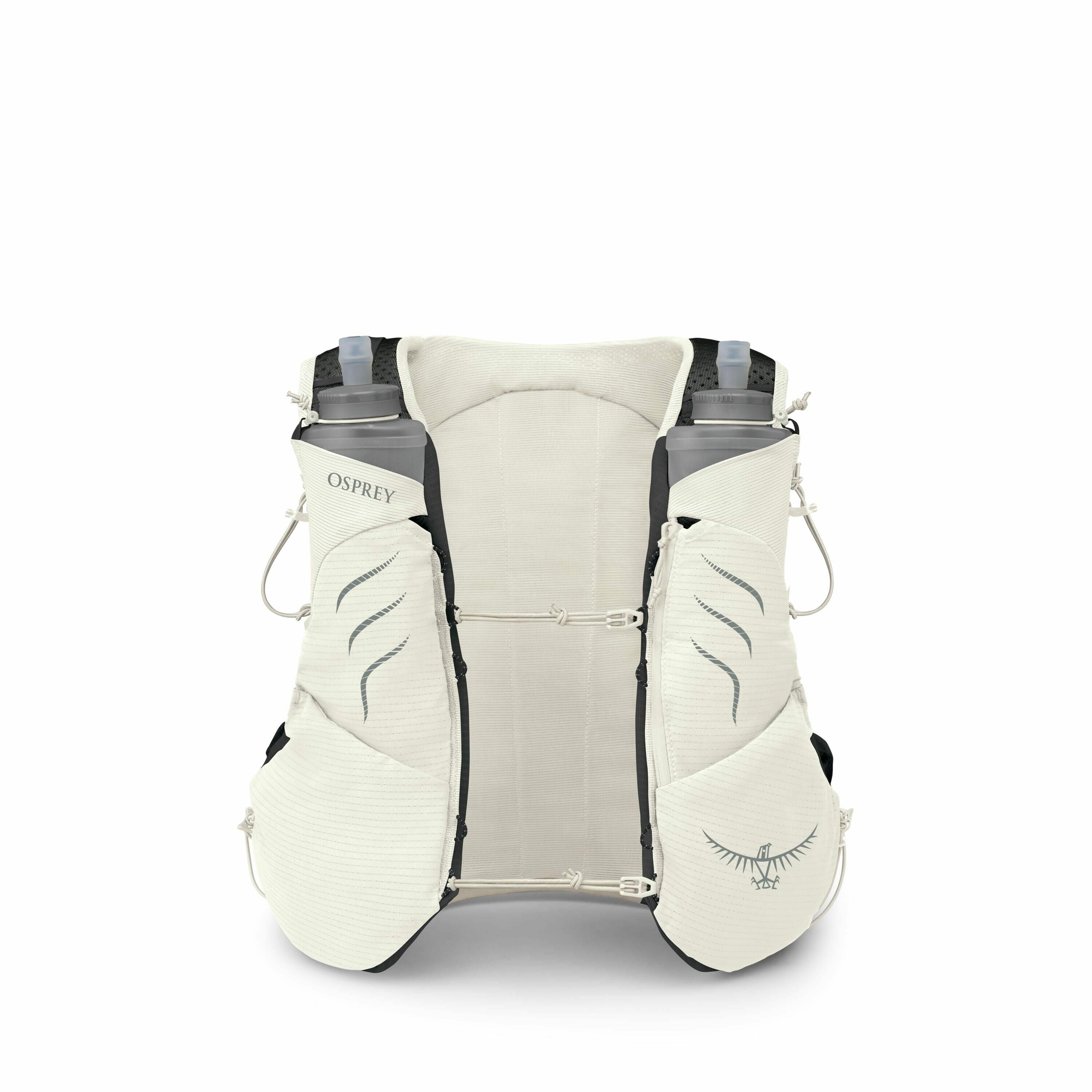 The image depicts a series of components from a running or hydration vest made by Osprey. The main view shows the front of the vest with two front pockets, each holding a water bottle. The vest is primarily white with some black detailing and features the
