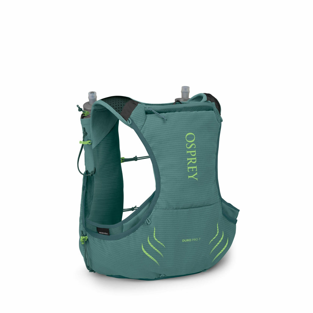 The image shows an Osprey running vest in a green color, designed for outdoor activities such as trail running or hiking. The vest features multiple pockets and compartments, including two front pockets that hold soft water flasks. The Osprey brand name i