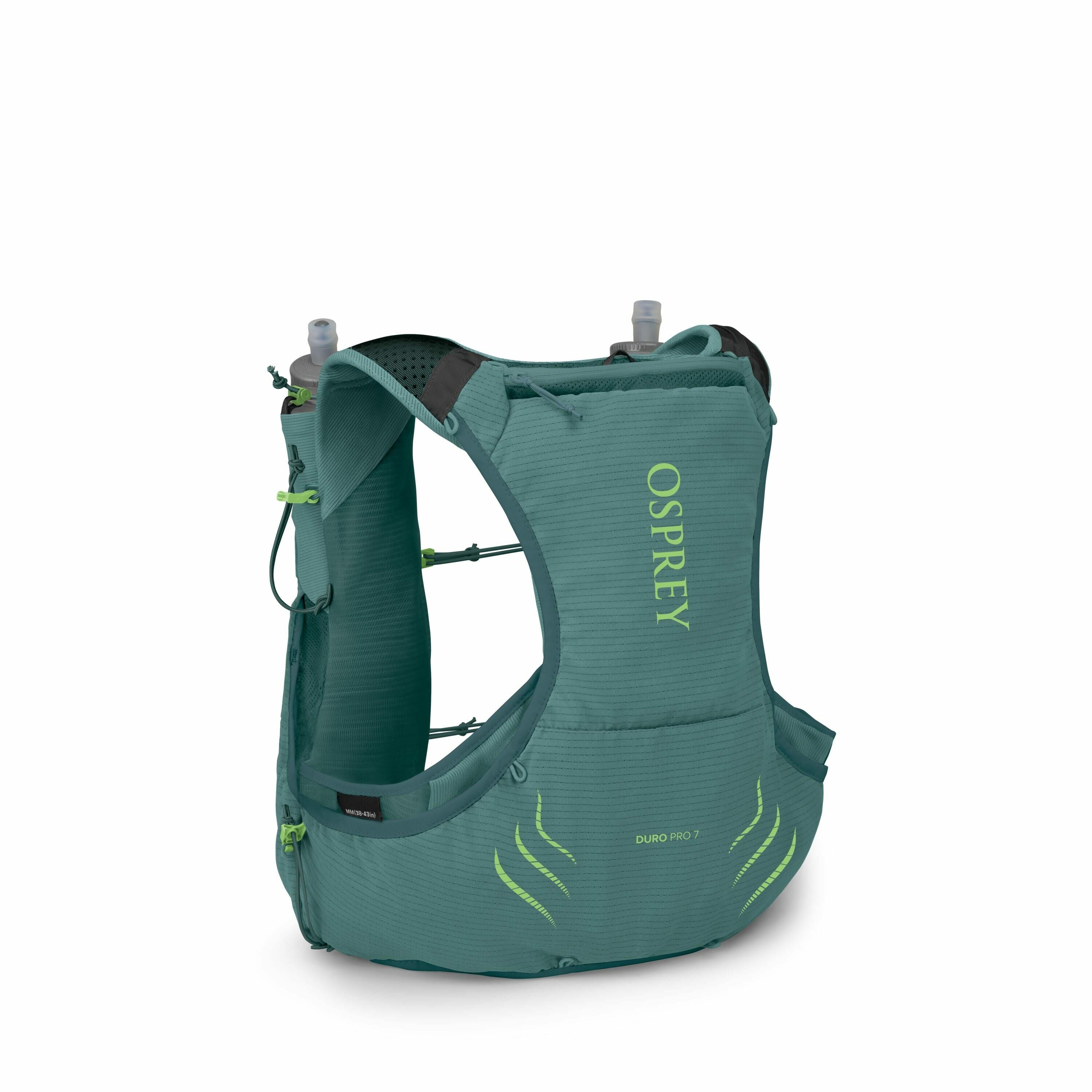 The image shows an Osprey running vest in a green color, designed for outdoor activities such as trail running or hiking. The vest features multiple pockets and compartments, including two front pockets that hold soft water flasks. The Osprey brand name i
