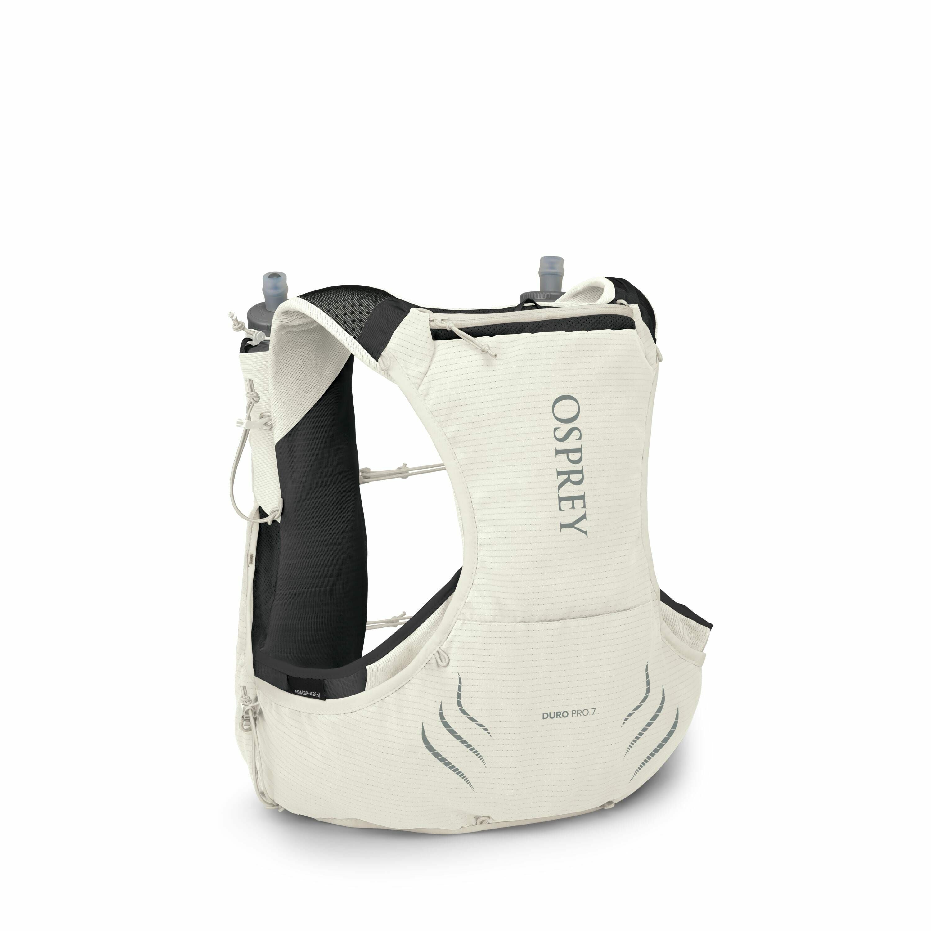 The image showcases an Osprey branded running hydration vest, specifically labeled as the "Duro Pro 7." It is primarily white with black accents and features multiple compartments and pockets. Notably, it includes two hydration flasks with blue caps posit