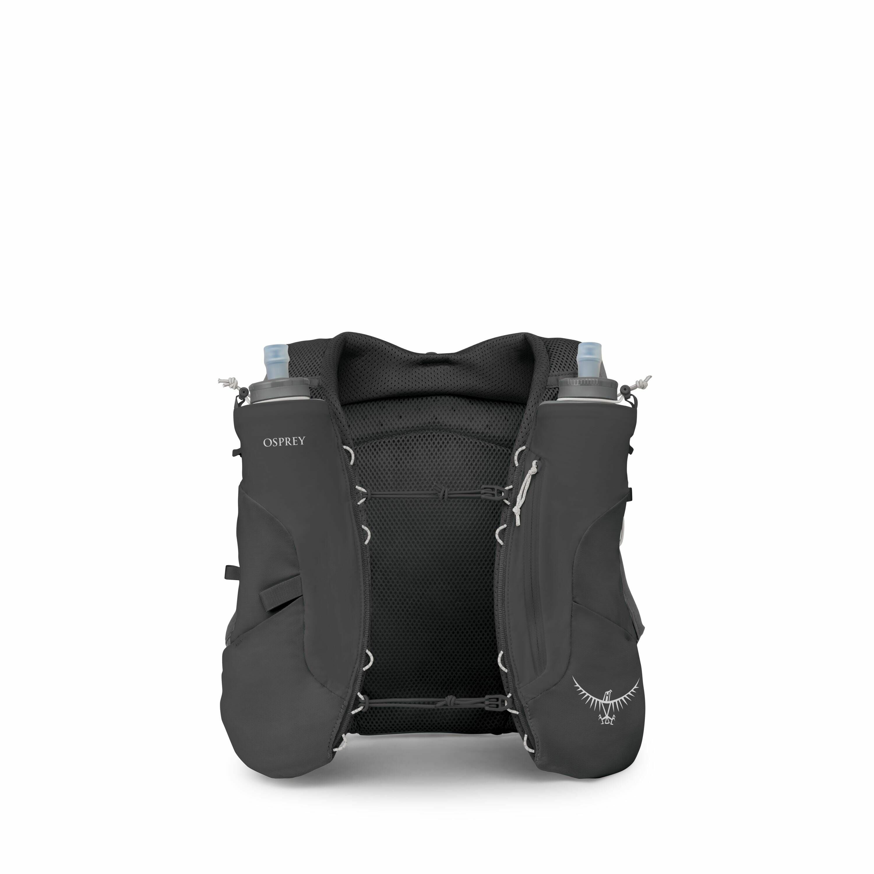 The images showcase a black Osprey backpack designed for athletic or outdoor activities, such as running or hiking. The backpack features a minimalistic and sleek design, with pockets on the front to hold water bottles, which are visible in the first two