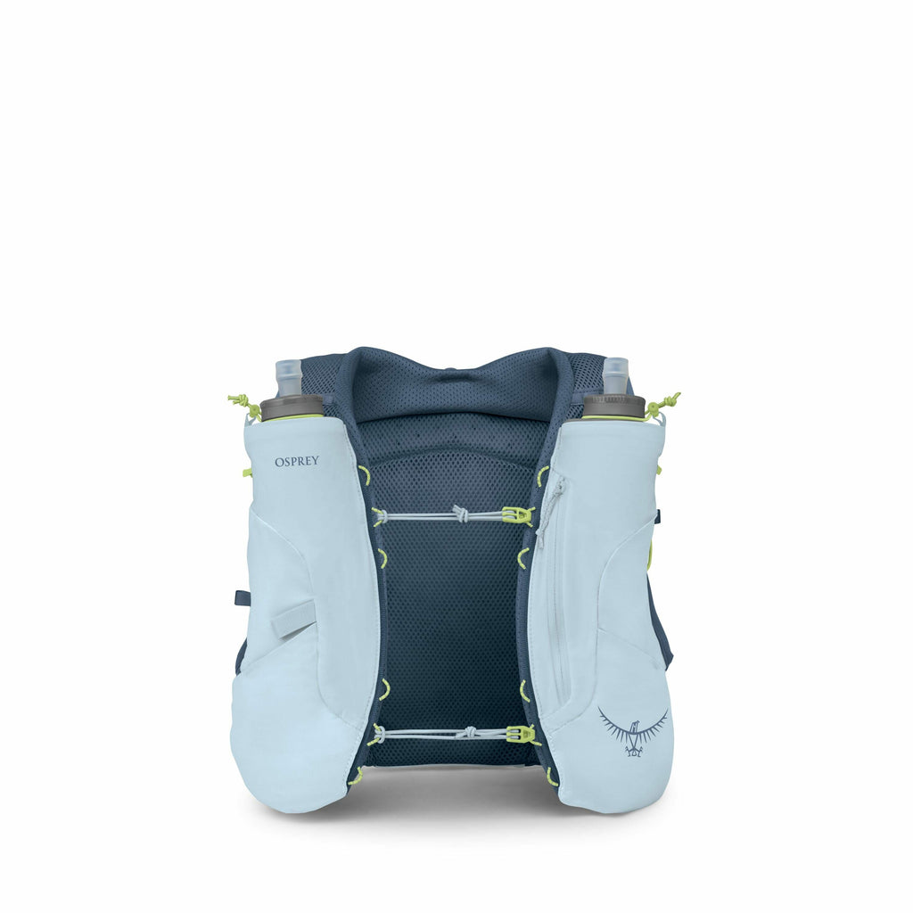 The image shows an Osprey running vest designed for carrying water during runs or hikes. The vest is primarily light blue with dark blue mesh accents and features two large front pockets, each containing a water bottle. There are adjustable yellow bungee