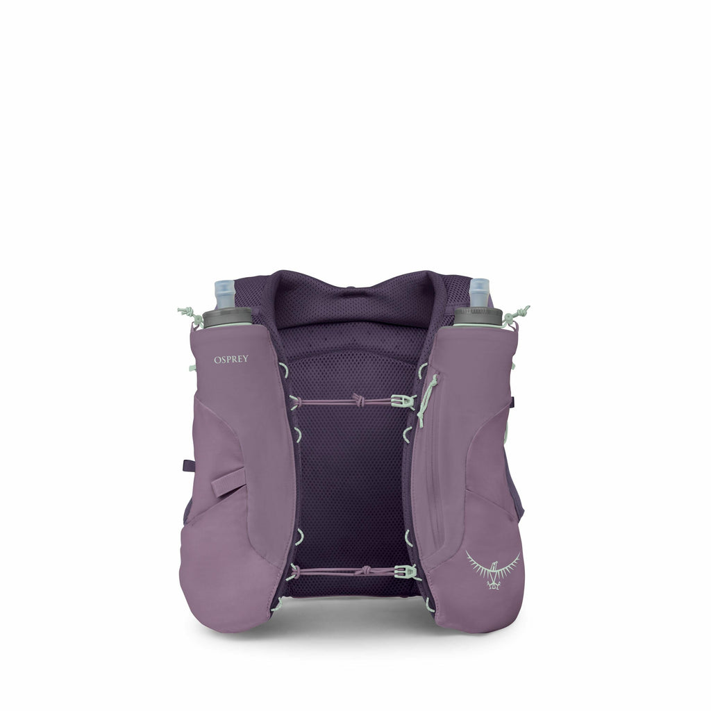 The image displays a series of purple Osprey running vests arranged in a grid. These vests feature two large pockets in the front, each holding a water bottle, with the brand name "Osprey" visible on one of the pockets. The vest is designed for carrying h
