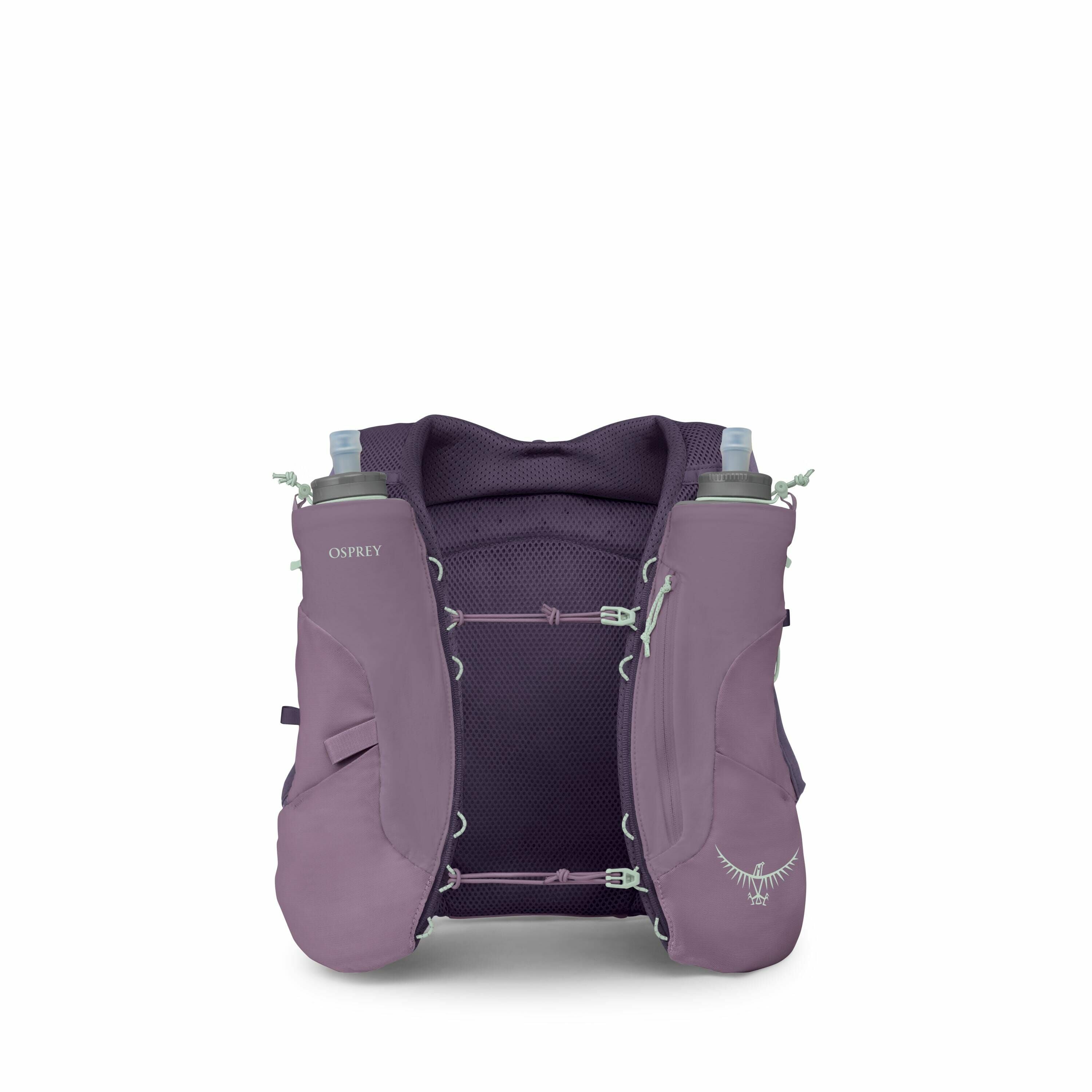 The image displays a series of purple Osprey running vests arranged in a grid. These vests feature two large pockets in the front, each holding a water bottle, with the brand name "Osprey" visible on one of the pockets. The vest is designed for carrying h