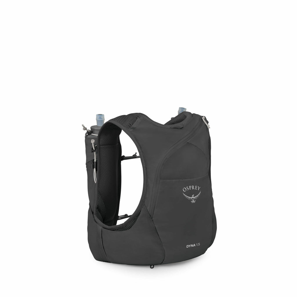 The image displays a dark gray backpack designed by Osprey, specifically labeled as "Dyna 1.5." This backpack is compact and seems tailored for active use, possibly for activities like running or cycling. It features ergonomic shoulder straps and multiple