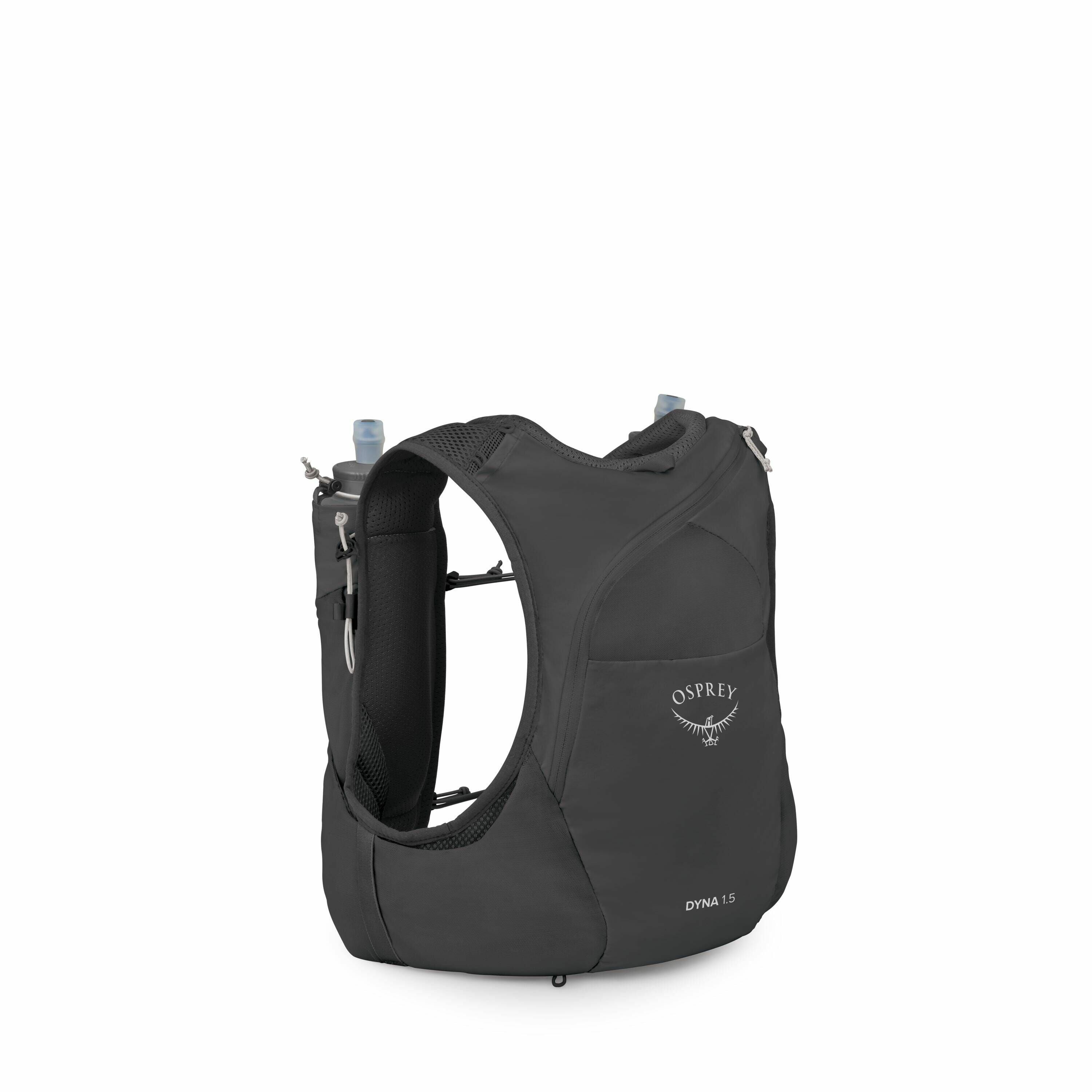 The image displays a dark gray backpack designed by Osprey, specifically labeled as "Dyna 1.5." This backpack is compact and seems tailored for active use, possibly for activities like running or cycling. It features ergonomic shoulder straps and multiple