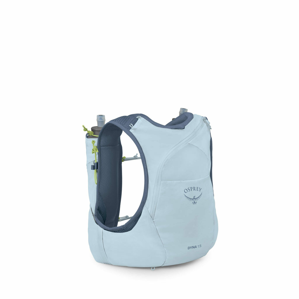 The image features an Osprey Dyna 1.5 running vest in a light blue color with darker blue accents, designed for carrying essentials while running or hiking. The vest includes pockets that accommodate water bottles on each shoulder strap, with visible adju