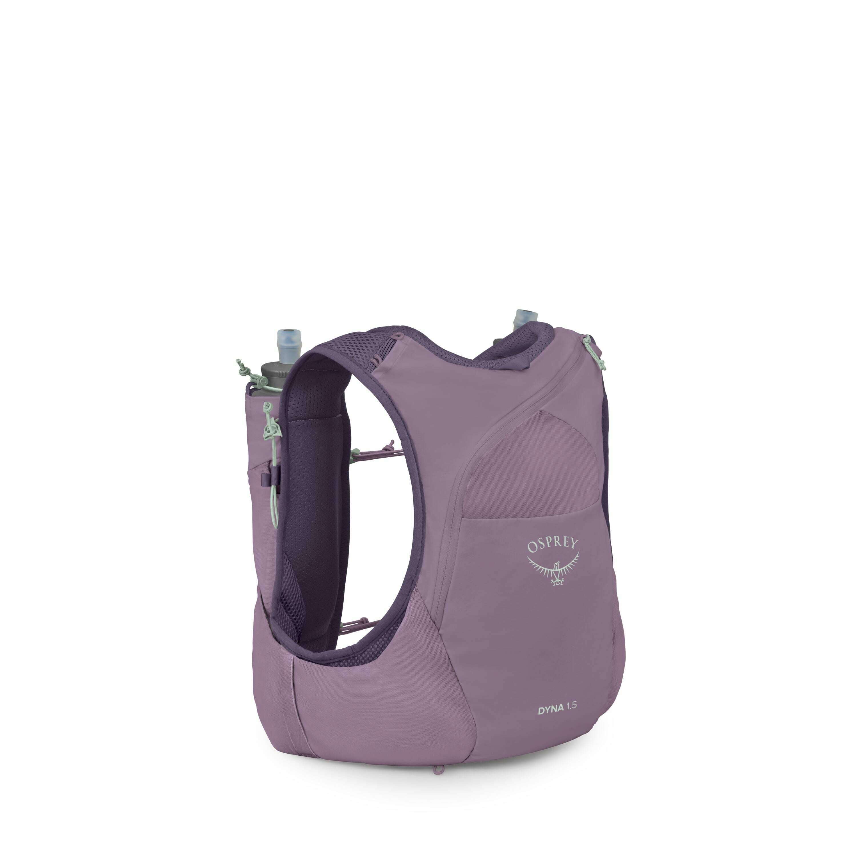 The image features a purple Osprey Dyna 1.5 running vest designed for outdoor activities and sports. This vest has a snug, ergonomic fit with adjustable straps, ensuring comfort during long runs. It includes multiple pockets for storing essentials, and it