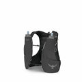 The image displays a black hydration vest designed for outdoor activities such as running or hiking. This vest features two front pockets that are equipped with soft water bottles and a tube for easy access to hydration. The vest is designed with adjustab