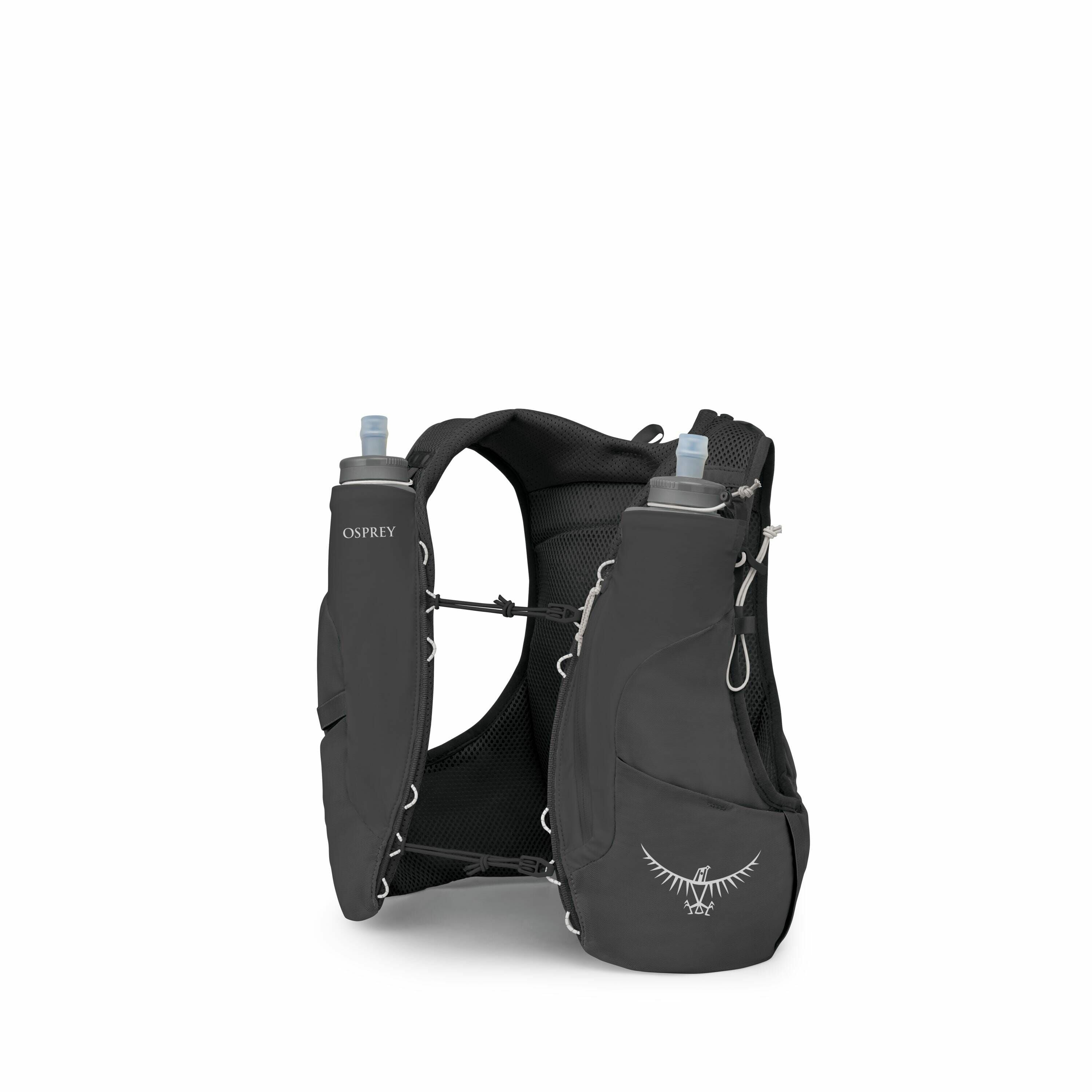 The image displays a black hydration vest designed for outdoor activities such as running or hiking. This vest features two front pockets that are equipped with soft water bottles and a tube for easy access to hydration. The vest is designed with adjustab