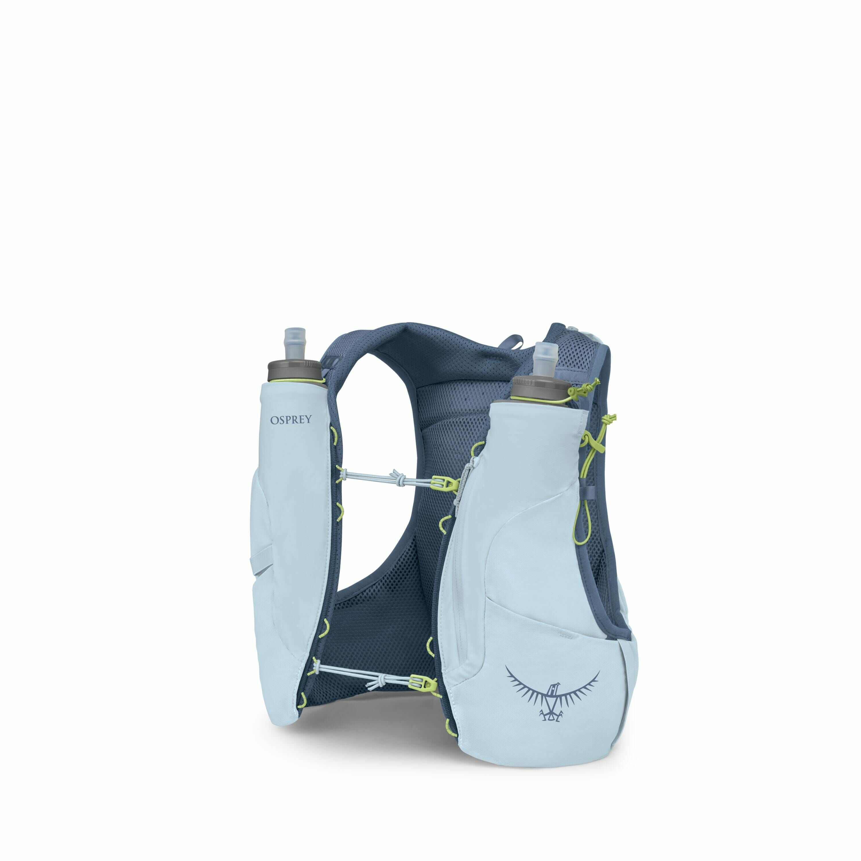 The image depicts an Osprey hydration vest, designed for activities like running or hiking where easy access to hydration is crucial. It is a light blue color with some lime green accents, including the drawstrings and zipper pulls. The vest is equipped w