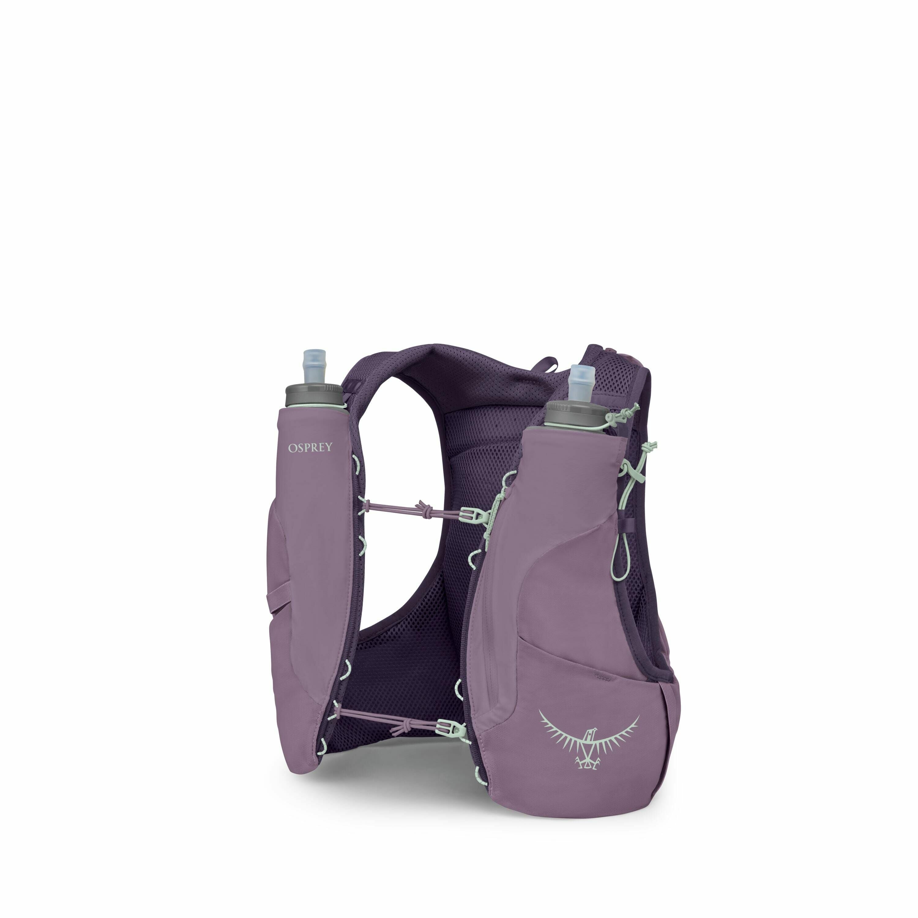 The image displays a hydration vest designed by Osprey, featuring two water bottles placed in front compartments for easy access. The vest is predominantly a lavender purple color and is made of a breathable mesh fabric, intended for comfort during physic