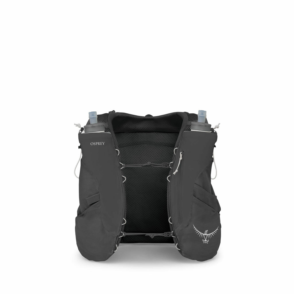 The images depict an Osprey hydration vest designed for outdoor activities such as running or hiking. The first image shows the vest fully assembled, displaying its structure with front pockets holding water bottles, breathable mesh fabric on the back, an