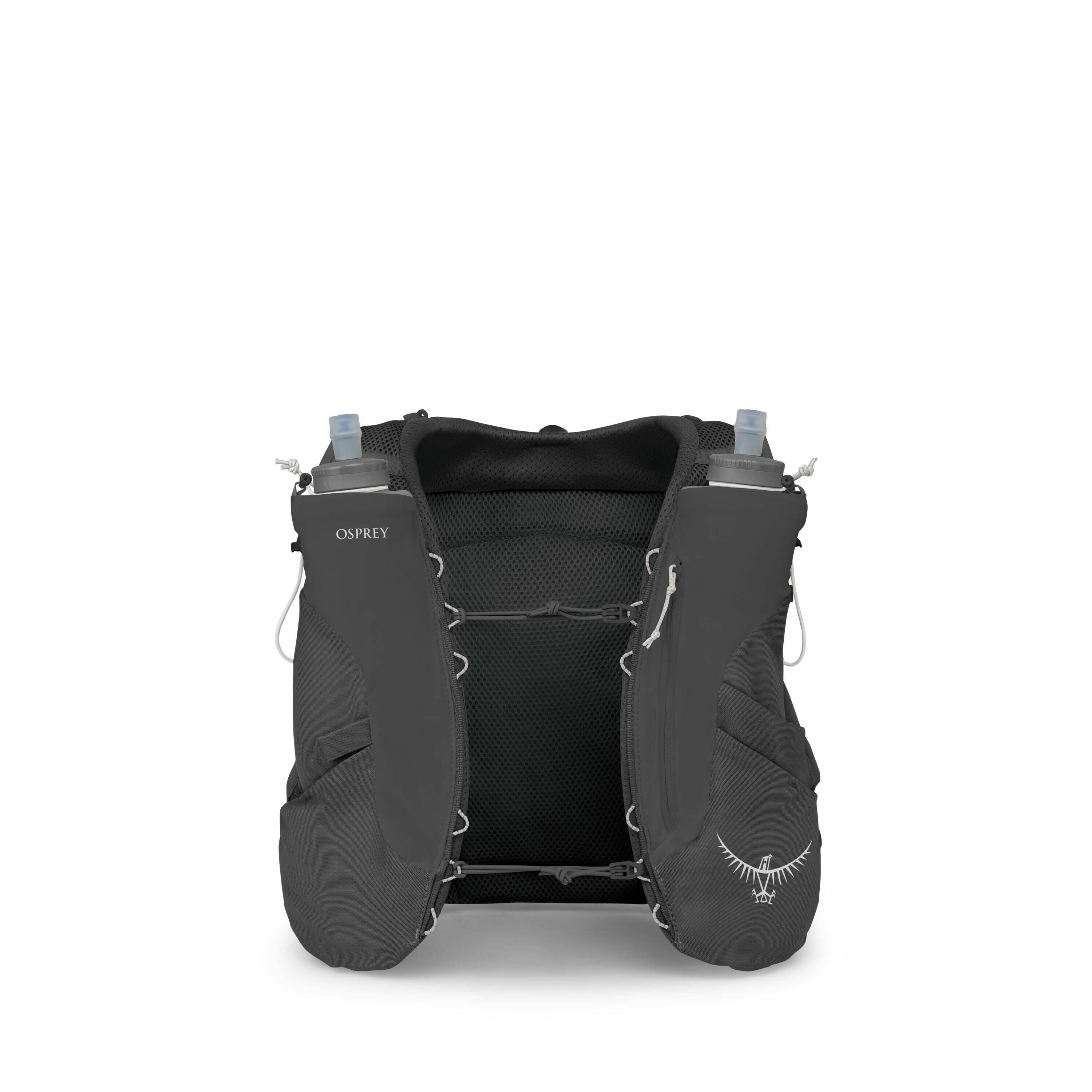 The images depict an Osprey hydration vest designed for outdoor activities such as running or hiking. The first image shows the vest fully assembled, displaying its structure with front pockets holding water bottles, breathable mesh fabric on the back, an