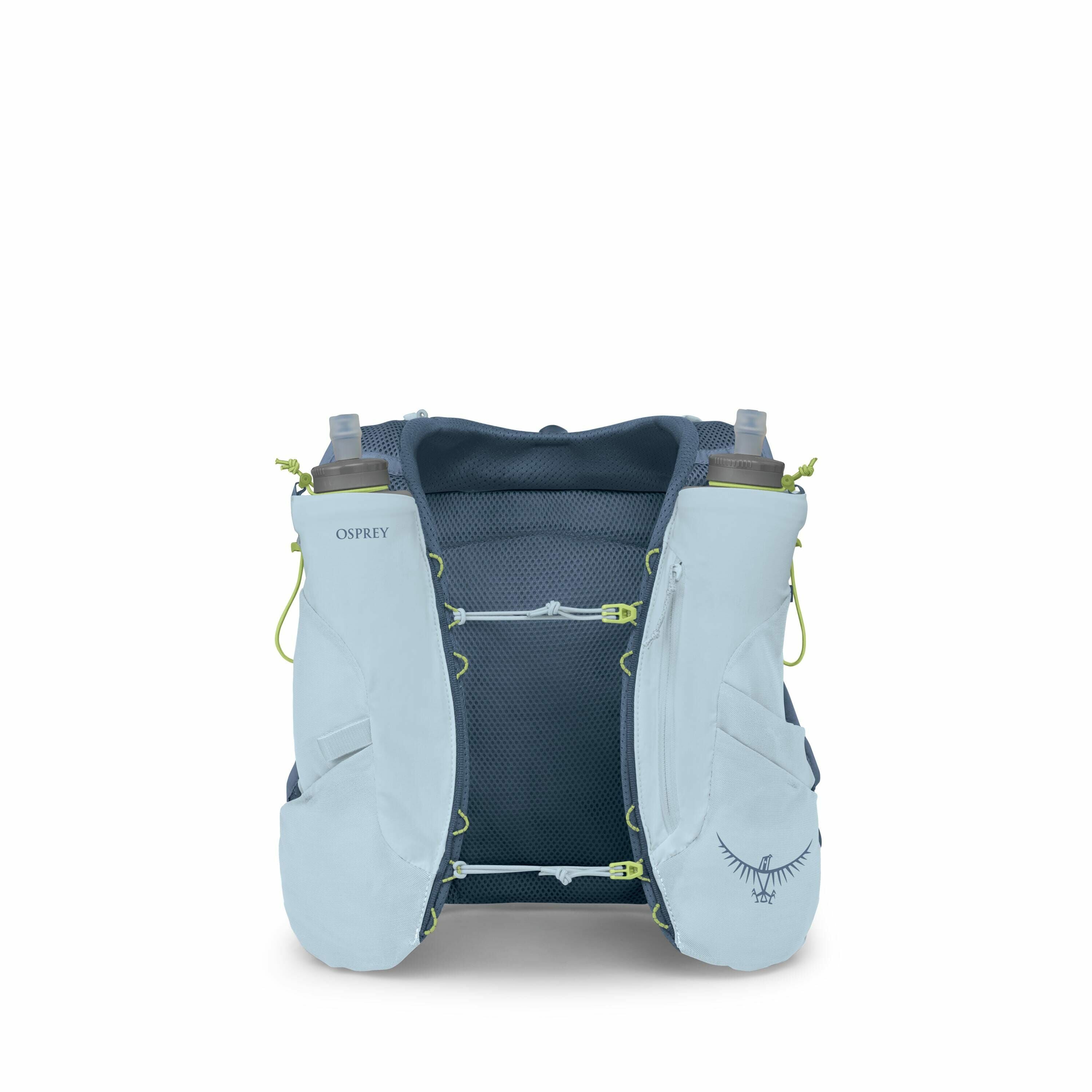 The image showcases an Osprey hydration vest designed for outdoor activities like running or hiking. It features two water bottles on the front, with one bottle secured in each of the light blue pockets. The pockets have the Osprey logo prominently displa